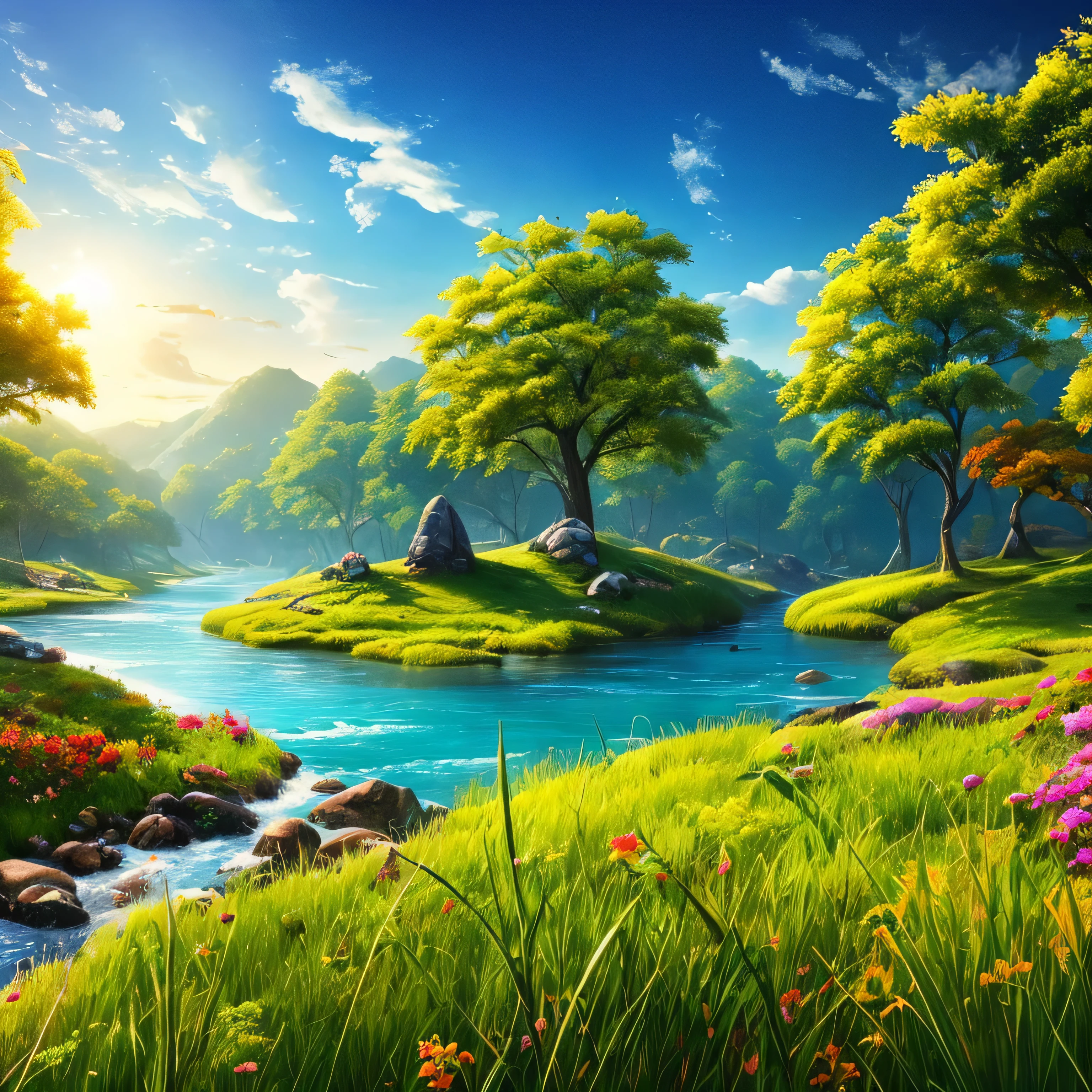 masterpiece, 最high quality, high quality, Very detailed CG unity 8k wallpaper, Bright colors and bright skies、an extremely colorful and pure fantasy environment, bright green grass landscape, colorful trees々々, Shining Fruit, Bright blue flowers. The color of the river is deep blue, The air is filled with sweet exotic scents. The environment is like a dream, Award-winning photography, Bokeh, Written boundary depth, High resolution, bloom, chromatic aberration ,Realistic,Very detailed, Trending on Artstation, Trending on CGSociety, Complex, Attention to detail, dramatic, art:The middle of a journey