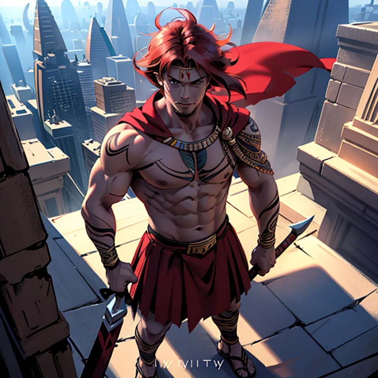 there is a 35 year old man shirtless big muscles short red hair and in an Egyptian tribal skirt and with a three-bladed spear in his hands he is from above looking at a modern city he is serious and perplexed lost anime style man with a cape red head standing on a ledge, handsome prince full body
