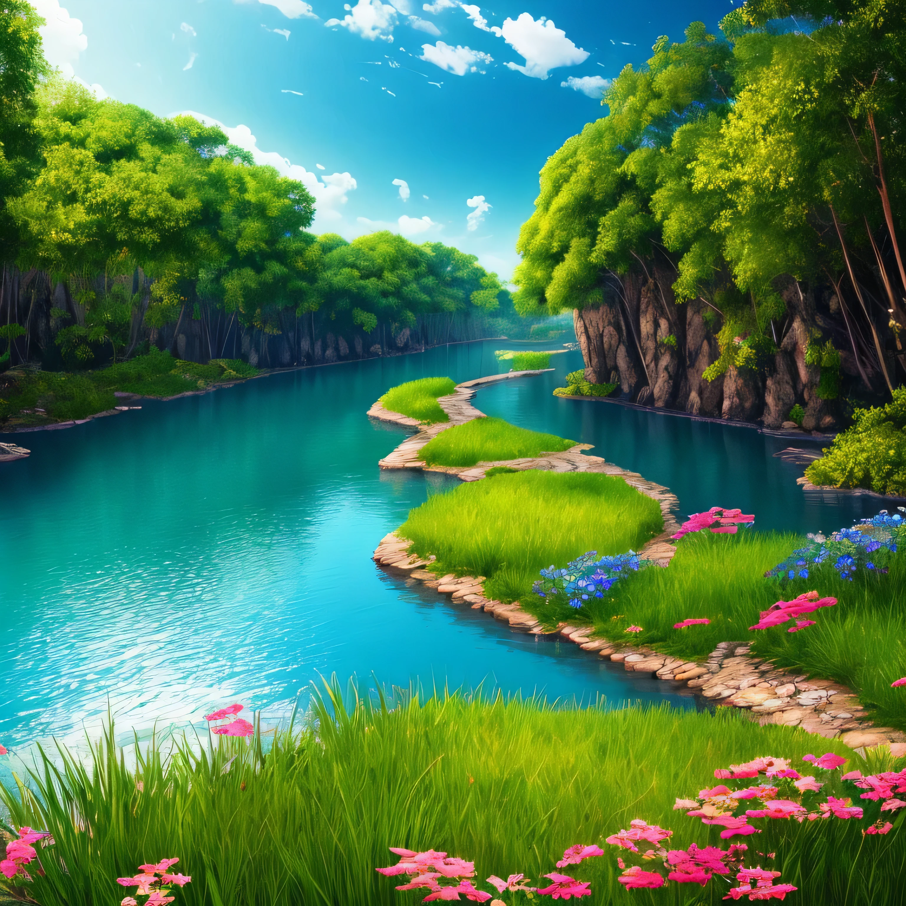 masterpiece, 最high quality, high quality, Very detailed CG unity 8k wallpaper, Bright colors and bright skies、an extremely colorful and pure fantasy environment, bright green grass landscape, colorful trees々々, Shining Fruit, Bright blue flowers. The color of the river is deep blue, The air is filled with sweet exotic scents. The environment is like a dream,  Award-winning photography, Bokeh, Written boundary depth, High resolution, bloom, chromatic aberration ,Realistic,Very detailed, Trending on Artstation, Trending on CGSociety, Complex, Attention to detail, dramatic, art：The middle of a journey 