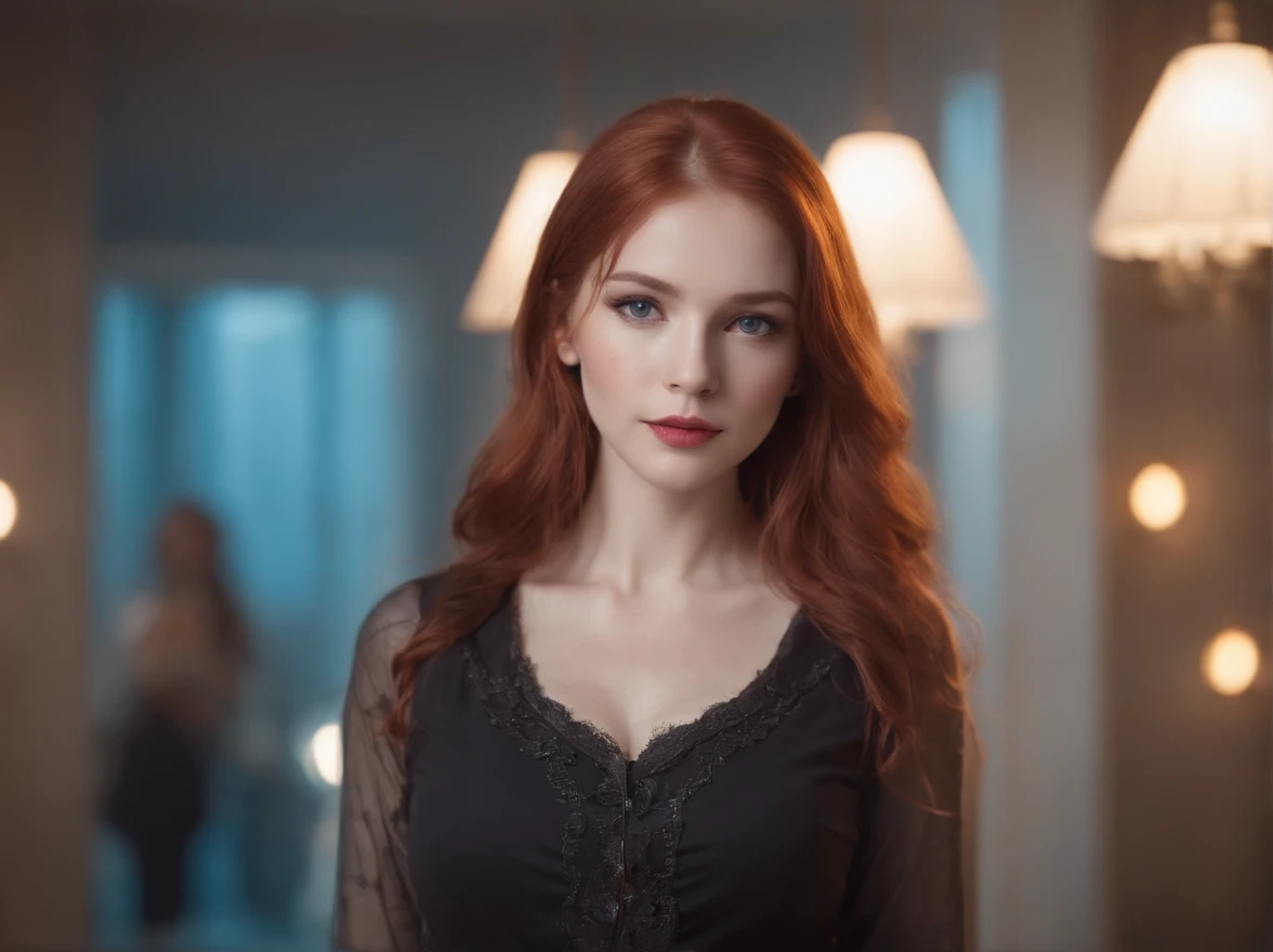 As the camera pans around the classroom, the magical bokeh of the lights creates a dreamlike atmosphere. In the center of the room is a nerdy goddess with long straight red hair., fleshy lips and blue eyes. She wears a shirt with a generous neckline, drawing attention to her large breasts., adding a touch of mystery to its already intriguing presence. The toxic punk runes on your skin seem to come to life, its intricate details adding to the overall cinematic feel of the scene.