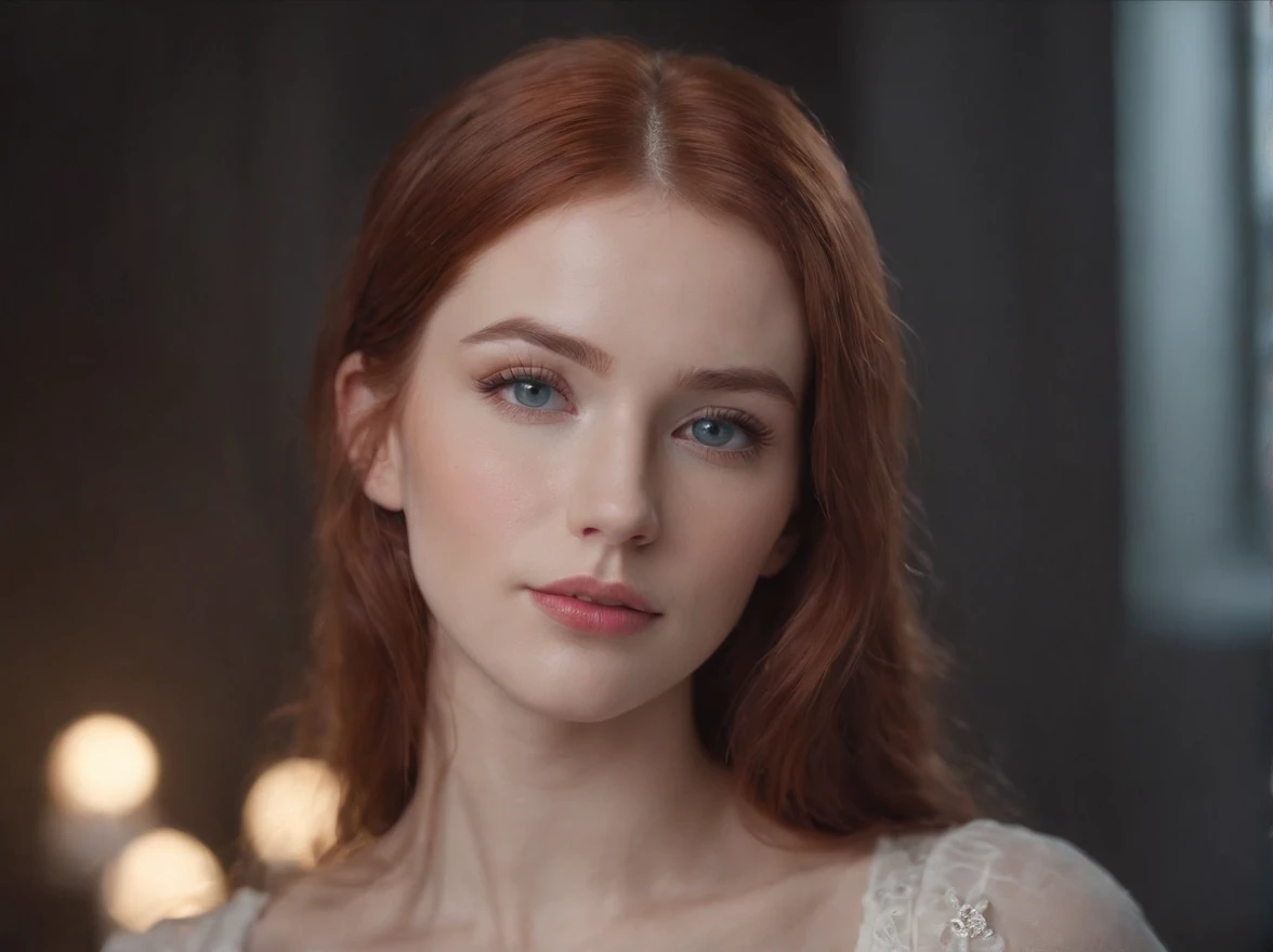 As the camera pans around the classroom, the magical bokeh of the lights creates a dreamlike atmosphere. In the center of the room is a nerdy goddess with long straight red hair., fleshy lips and blue eyes. She wears a shirt with a generous neckline, drawing attention to her large breasts., adding a touch of mystery to its already intriguing presence. The toxic punk runes on your skin seem to come to life, its intricate details adding to the overall cinematic feel of the scene.