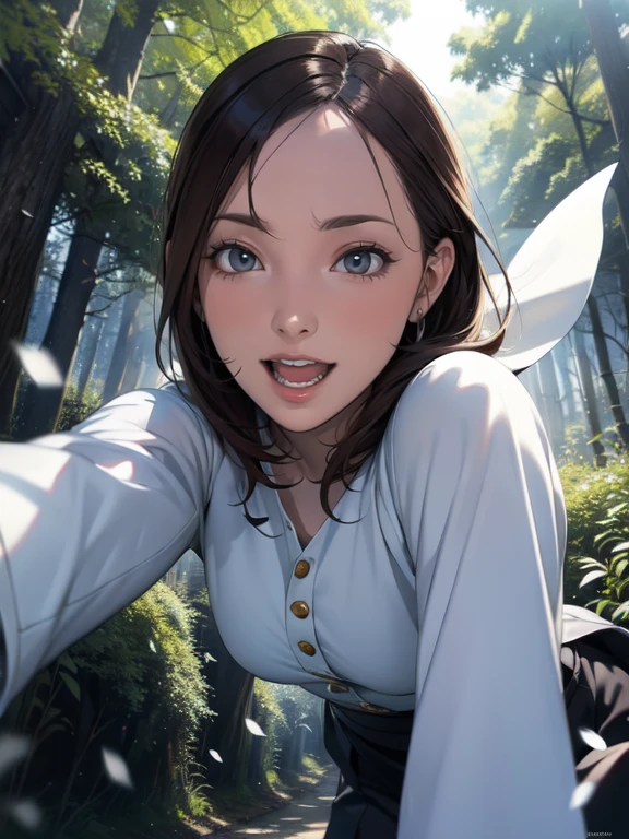 Snow White comes running from the depths of the forest、Sprinting through the forest、highest quality, masterpiece, Symmetrical and highly detailed eyes, girl, Highly detailed background, tendency (Art Station:1.46), Surreal, Cinema Lighting, Studio Quality, 8k resolution, masterpiece, Running as if fleeing、A face full of fear、With a screaming face、Sweating profusely、A road through the forest with many ruts、The depiction of the characters is small, prioritizing the scale of the forest.