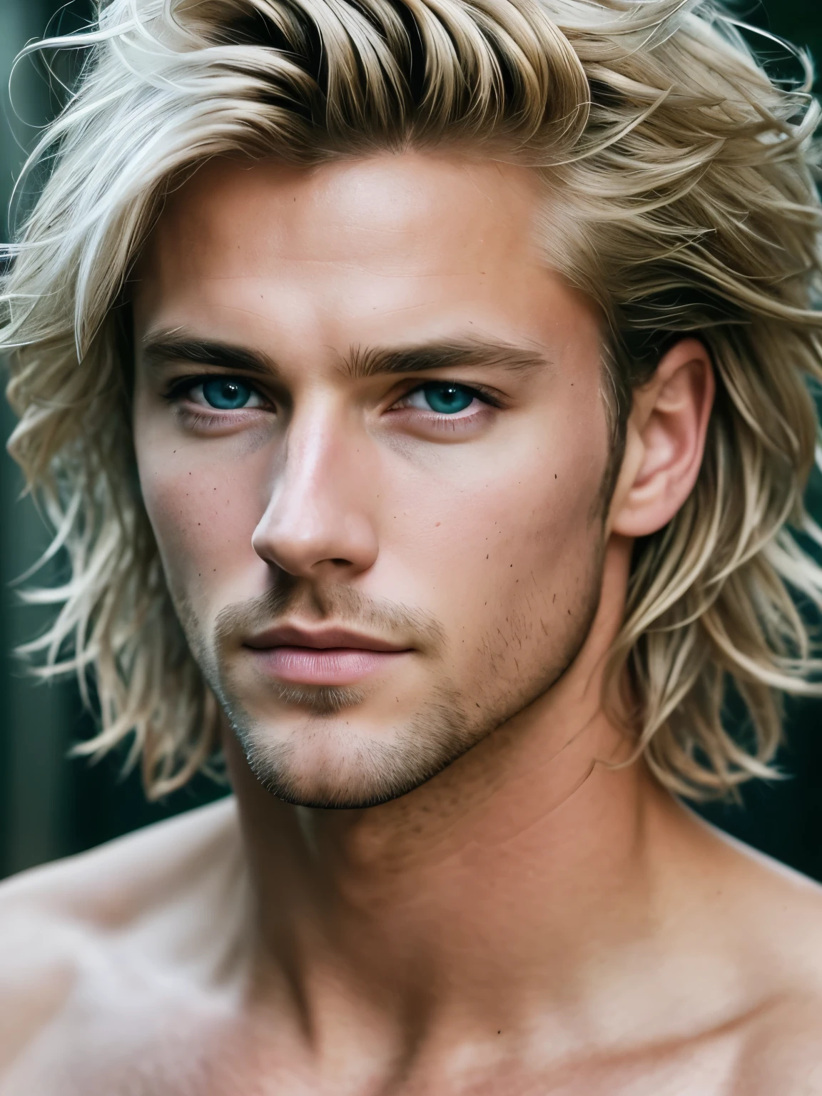 photo of a stunning handsome man, Blue eyes, short, disheveled, Blonde hair, hair flipping, Close-up, enlarged in a narrow frame, portrait, Without clothing, (photorealistic:1.2) (hips:1.2) (Best quality) (Color correction) (detailed skin:1.3) (difficult) (8K) (HDR) (cinematic lighting:1.3) (sharp focus), Wild hair, looks at the camera, wicked, fright, strained