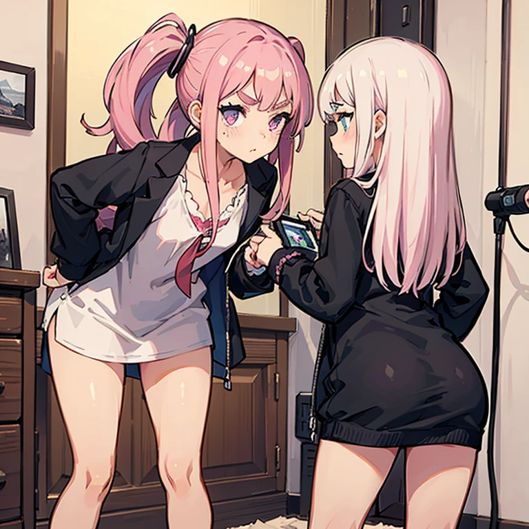 Girls with pink hair, long double-tailed hairstyle, ((small pink bushy eyebrows)), dressed in ta clothes, marked vagina, loli(Zankuro) drawing style by zankuro artist, Zancro style, image uploaded to R34, changing of clothes in a room, with underwear in her hands looking away, not looking at the camera (hidden camera recording her, security camera filter recording her) covering her pussy with hands