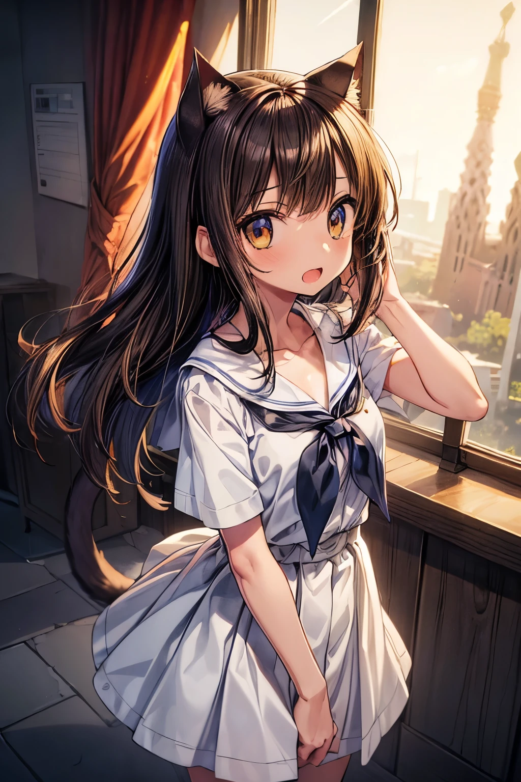 ((Masterpiece)), ((best quality)), (Anime:1.3), (RAW photo:1.2),(High Definition:1.3), (Professional Photography:1.4), ((12 years old)), 8K, Glossy skin, cinematic lighting, 1girl, wide-shot, (cute school uniform), (Cute innocent little girl), slendar body, small breast, glossy hair, (curtained hair), (loose blunt bangs), ((:3)), open mouth, fang out, (smug), beautiful collarbones, (slightly exposed barearms), (put on Cat ears), pale brown hair, Hair that flutters in the wind, BREAK, ((best quality)), wide shot, Surprising pose, (Surprising pose in the Sagrada Familia), summerday, Beautiful ruins Background,