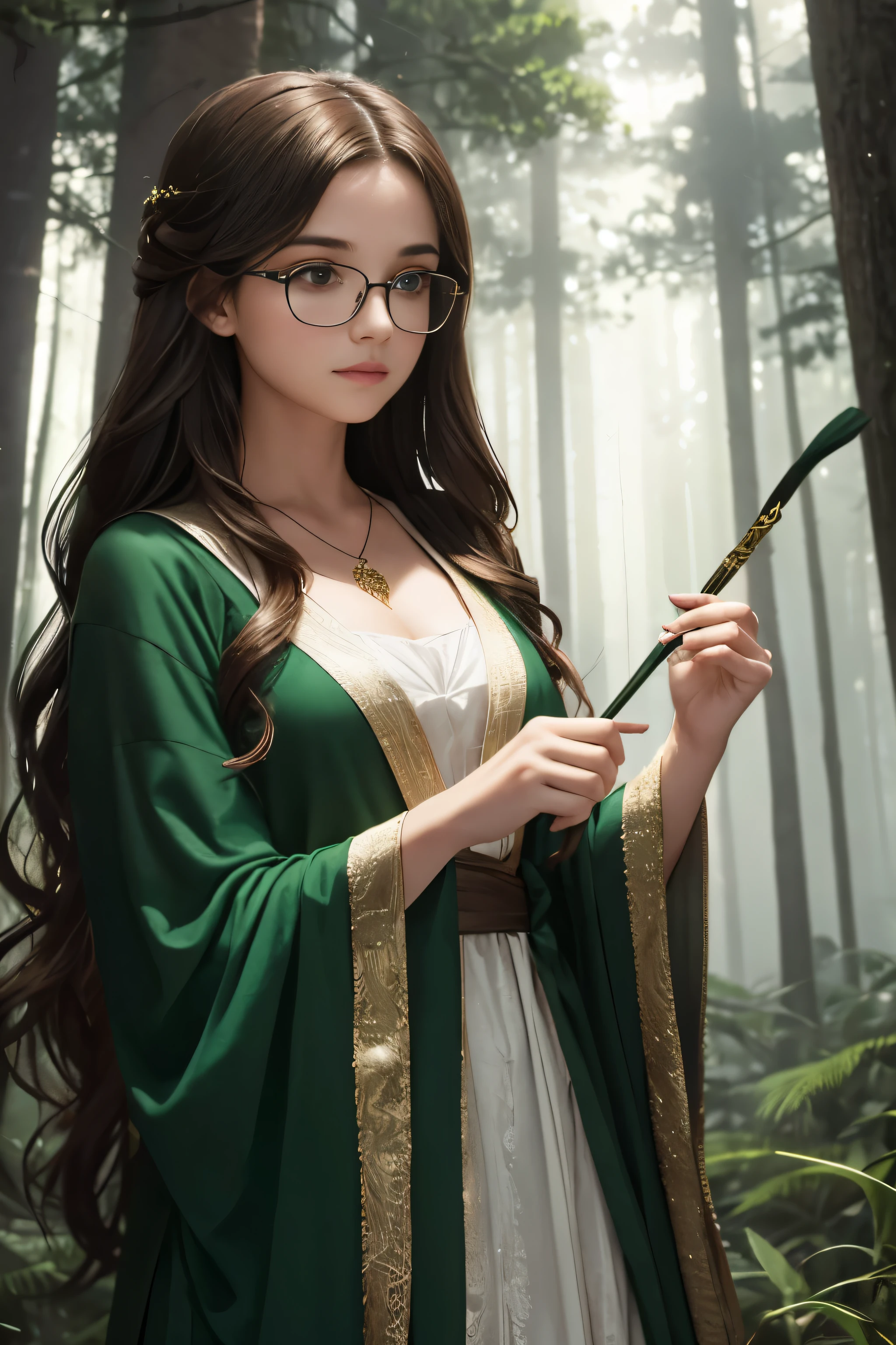 uma garota jovem e bonita, with long brown hair and glasses stands in the thicket of the forest, where there&#39;s fog and the lights flicker a little. a garota parece uma feiticeira, she is wearing a long black and green cloak and in her hands is a magic wand.