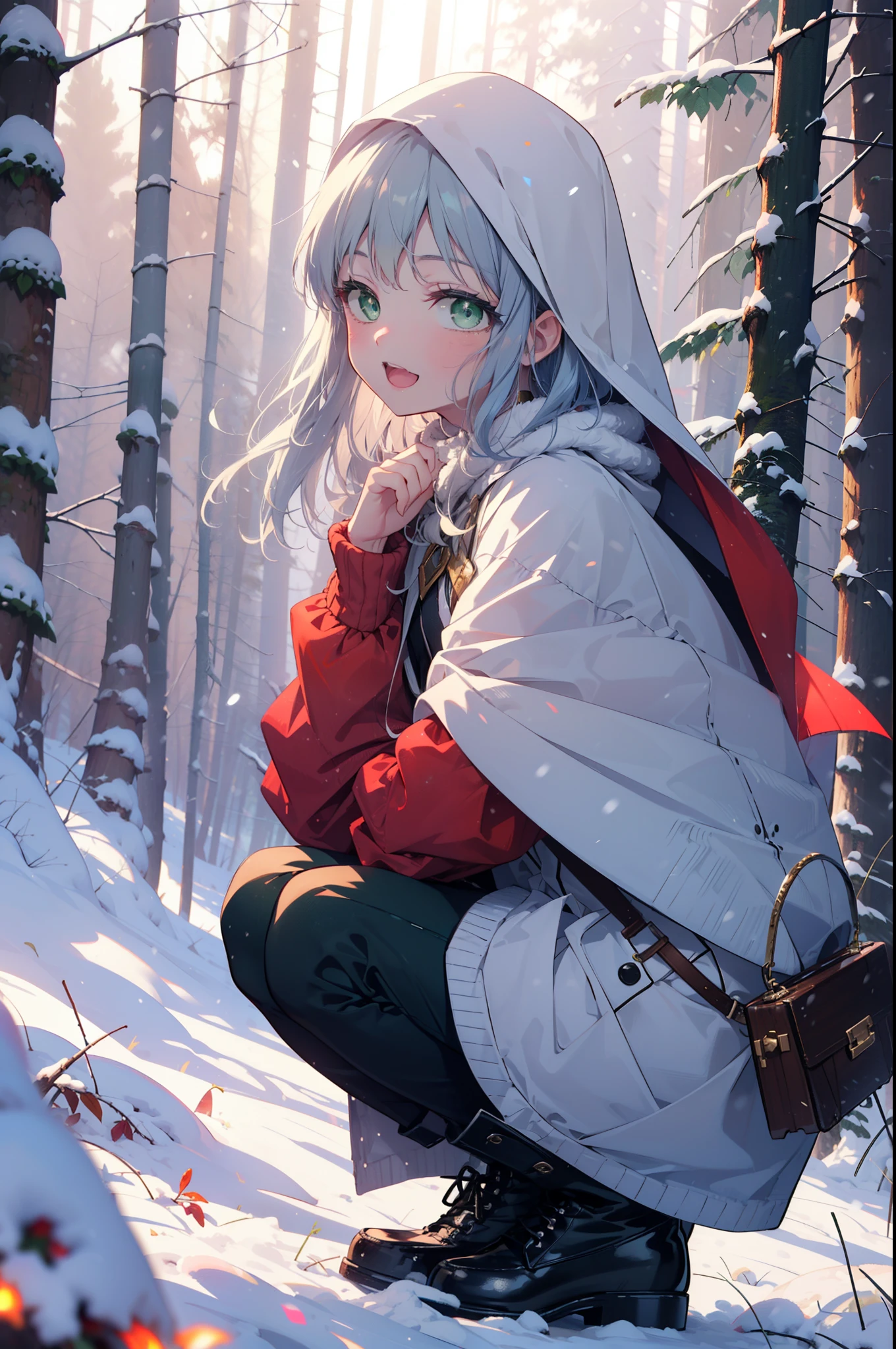 index, index, (Green Eyes:1.5), Silver Hair, Long Hair, (Flat Chest:1.2),happy smile, smile, Open your mouth,
Open your mouth,snow, fire, Outdoor, boots, snowing, From the side, wood, suitcase, Cape, Blurred, Food Up, forest, White handbag, nature, Squat, Mouth closed, フードed Cape, winter, Written boundary depth, Black shoes, red Cape break looking at viewer, Upper Body, whole body, break Outdoor, forest, nature, break (masterpiece:1.2), highest quality, High resolution, unity 8k wallpaper, (shape:0.8), (Beautiful and beautiful eyes:1.6), Highly detailed face, Perfect lighting, Extremely detailed CG, (Perfect hands, Perfect Anatomy),