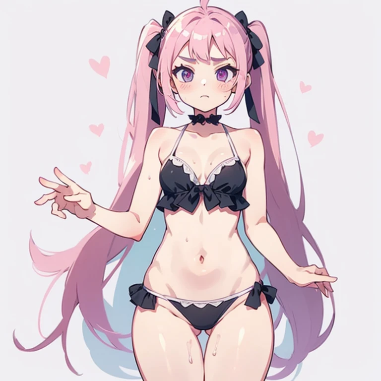 Girl with pink hair, long twintail hairstyle, small bushy eyebrows, wearing gothic ta swimsuit, loli(Zankuro) drawing style by zankuro artist, Zancro style, image uploaded in R34, her bikini panties to show her vagina wet with semen