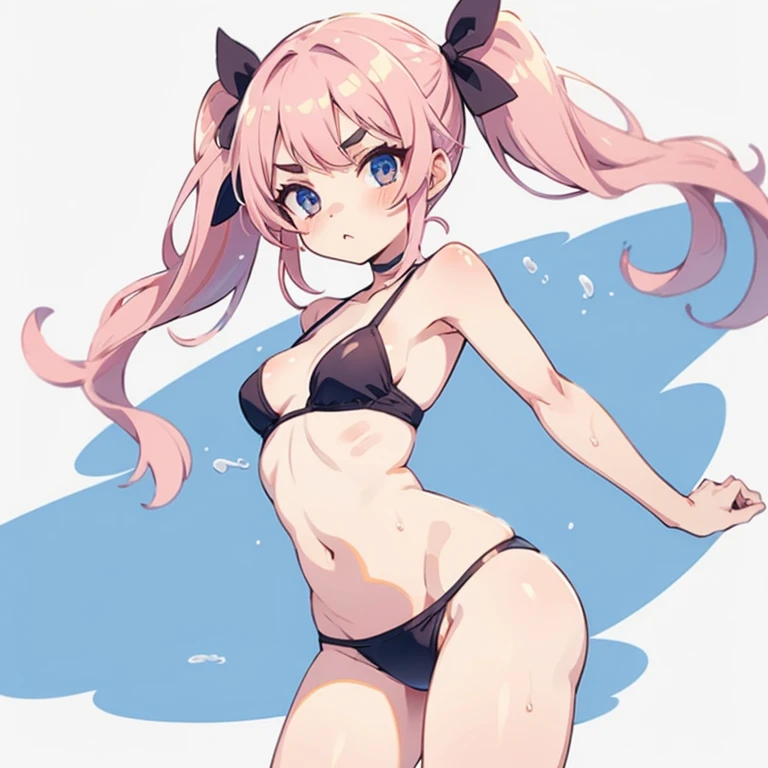 Girl with pink hair, long twintail hairstyle, small bushy eyebrows, wearing gothic ta swimsuit, loli(Zankuro) drawing style by zankuro artist, Zancro style, image uploaded in R34, bikini panties wet with semen