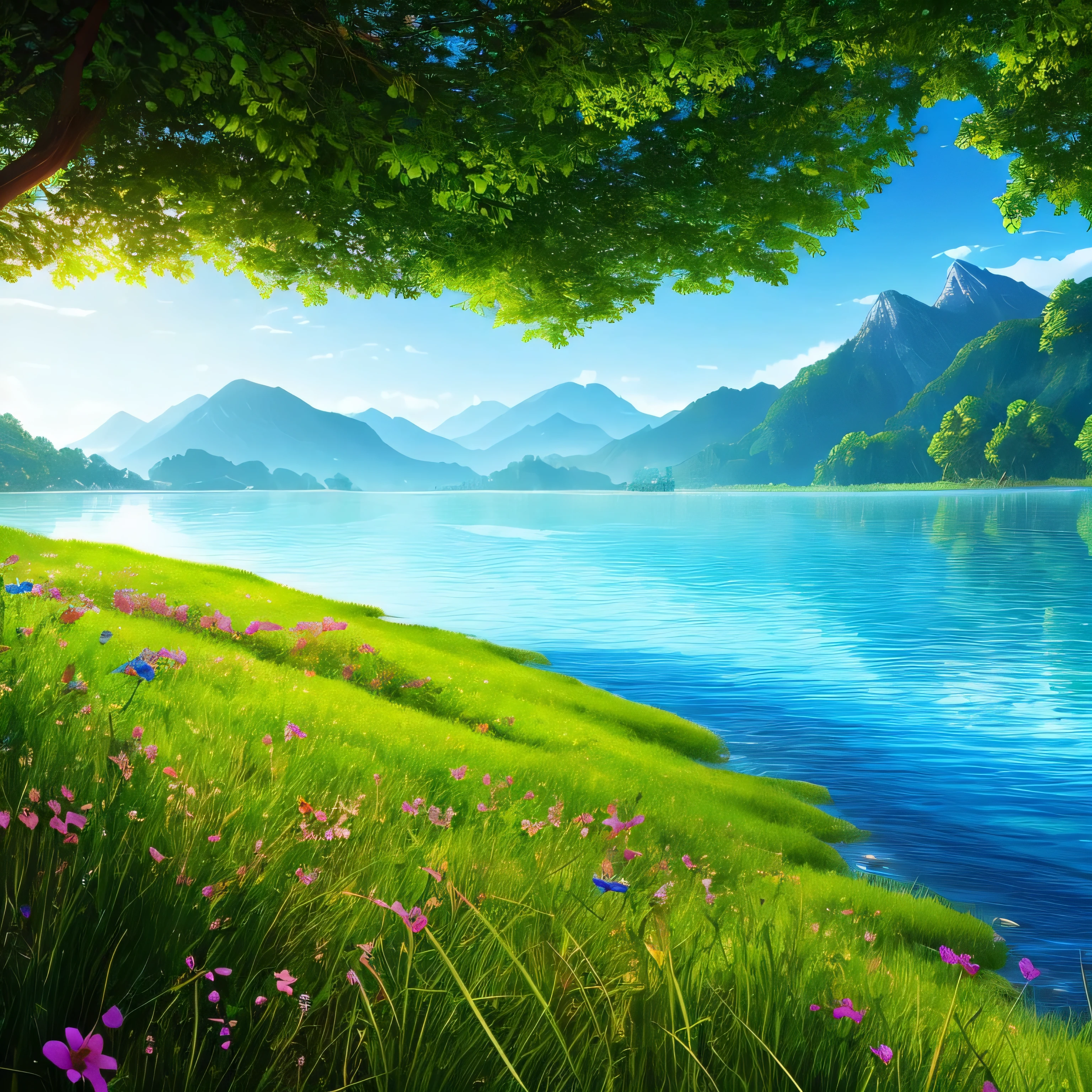 masterpiece, 最high quality, high quality, Very detailed CG unity 8k wallpaper, Bright colors and bright skies、an extremely colorful and pure fantasy environment, bright green grass landscape, colorful trees々々, Shining Fruit, Bright blue flowers. The color of the river is deep blue, The air is filled with sweet exotic scents. The environment is like a dream, Award-winning photography, Bokeh, Written boundary depth, High resolution, bloom, chromatic aberration ,Realistic,Very detailed, Trending on Artstation, Trending on CGSociety, Complex, Attention to detail, dramatic, art:The middle of a journey