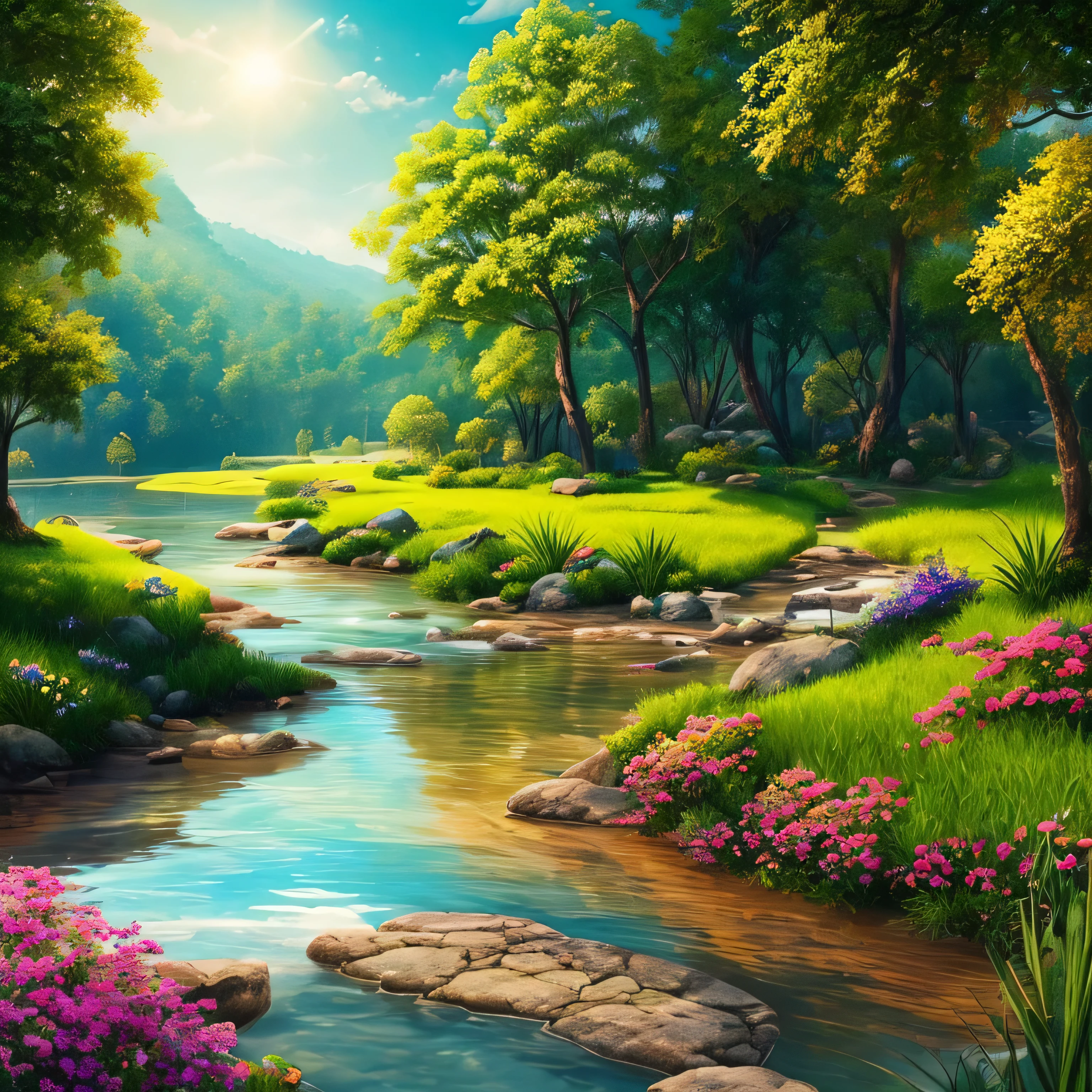 masterpiece, 最high quality, high quality, Very detailed CG unity 8k wallpaper, Bright colors and bright skies、an extremely colorful and pure fantasy environment, bright green grass landscape, colorful trees々々, Shining Fruit, Bright blue flowers. The color of the river is deep blue, The air is filled with sweet exotic scents. The environment is like a dream, Award-winning photography, Bokeh, Written boundary depth, High resolution, bloom, chromatic aberration ,Realistic,Very detailed, Trending on Artstation, Trending on CGSociety, Complex, Attention to detail, dramatic, art:The middle of a journey
