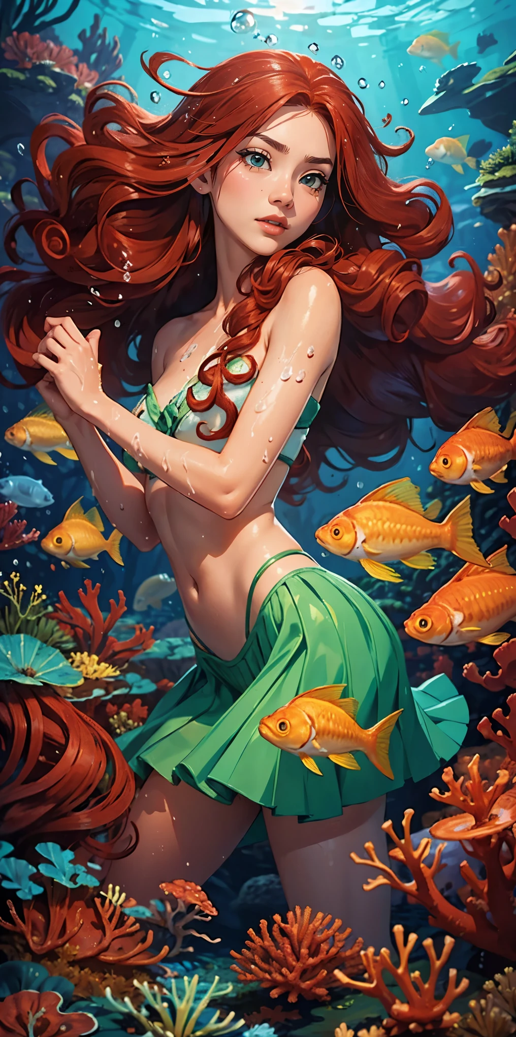 (must-have piece), (best quality), highly detailed, 1 girl, full-length solo shot, perfect face, beautiful girl, highly detailed顔, (long curly red hair: 1.5), (green eyes: 1 ,4), (float: 1.4 ), (in water: 1.4), seabed, bubble, school of fish, coral reef, small, light, jellyfish, algae, red fish, yellow fish, deep sea , fancy