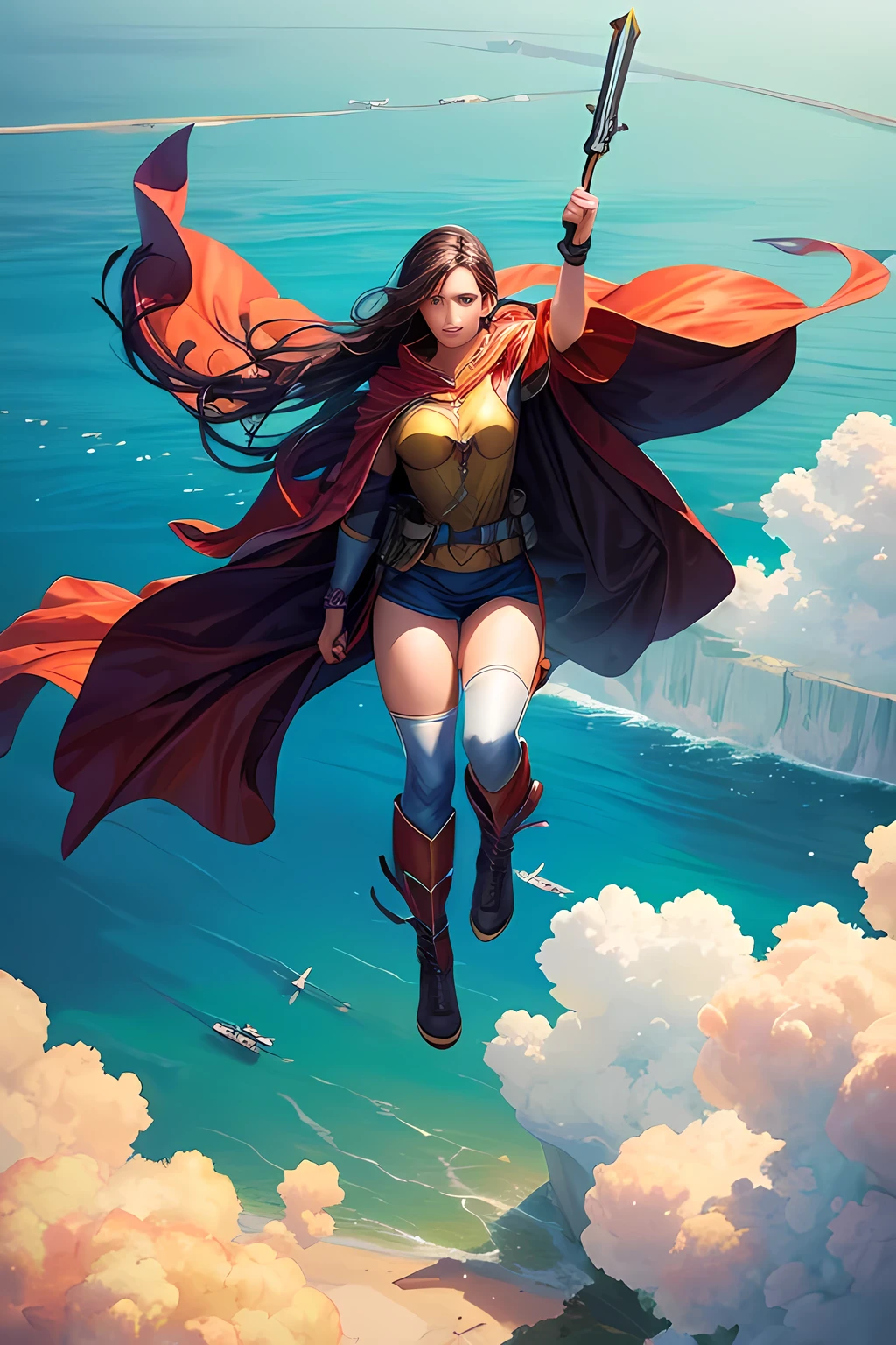(Hero floating:1.5) in the sky high, full body, 
 best quality, 8k, high resolution, ultra-detailed, extremely detailed, top quality, realistic, 