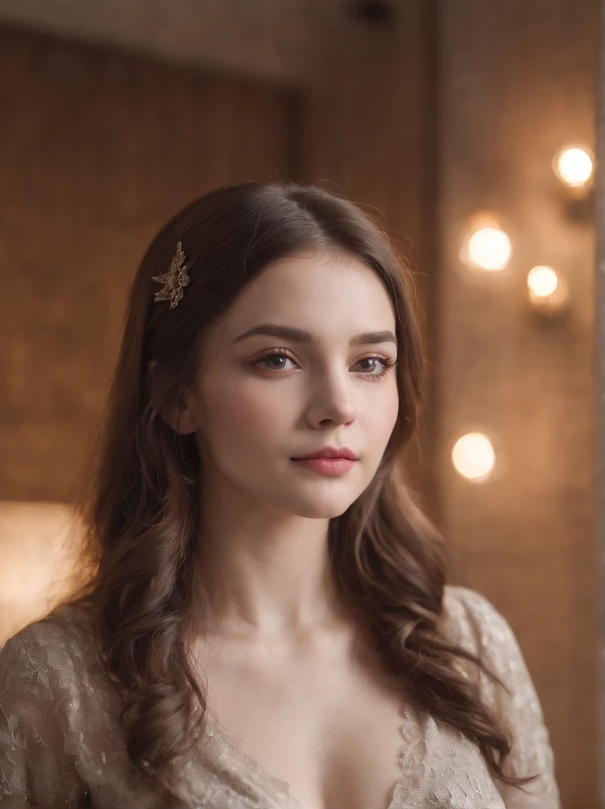 As the camera pans around the classroom, the magical bokeh of the lights creates a dreamlike atmosphere. In the center of the room is a nerdy goddess with long wavy brown hair., full lips and brown eyes. She wears a shirt with a generous neckline, drawing attention to her large breasts., adding a touch of mystery to its already intriguing presence. The toxic punk runes on your skin seem to come to life, its intricate details adding to the overall cinematic feel of the scene.