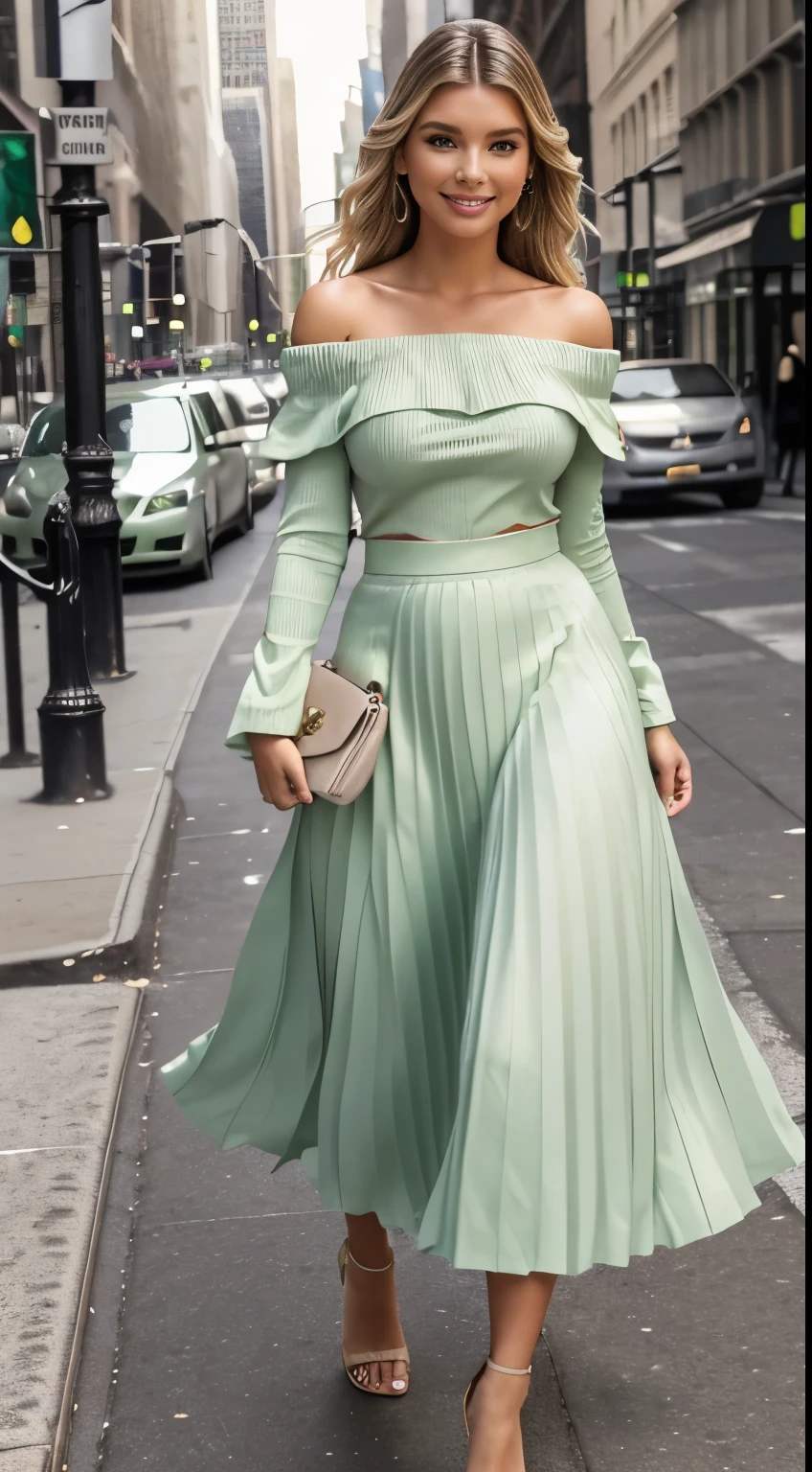 Foto hiperrealista en primer plano de Emily Sears , masterpiece, best quality, (photorealistic:1.4), full body, (light green  off-the-shoulder long Sleeve Top:1.2), (light green pleated midi midi midi skirt:1.1), heels, on the street in New York, cinematic light, beautiful woman, skinny, large breasts, straight blond hair, detailed face, smile, jumping