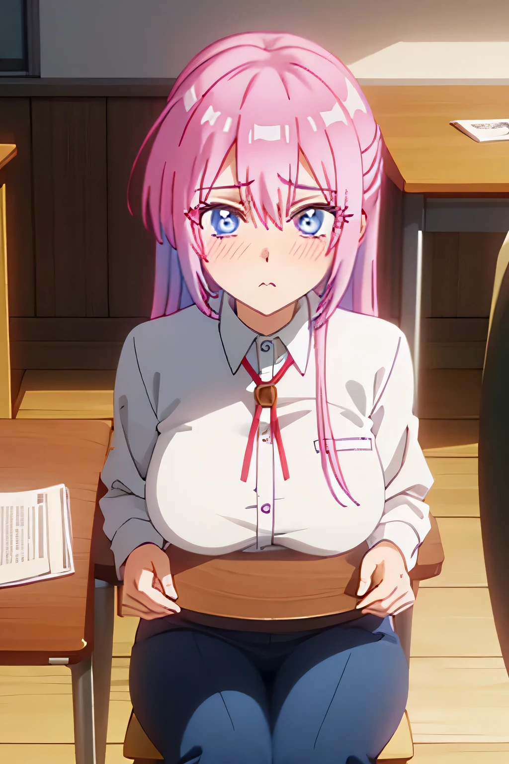 1girl, masterpiece, high quality, sexy, huge breast, bright breasts, looking into camera, safe, sfw, ,  miyako shikimori, long hair, blue eyes, hair between eyes, pink hair, shining , highschool uniform, cleavage, in class, sitting chair, she blushed