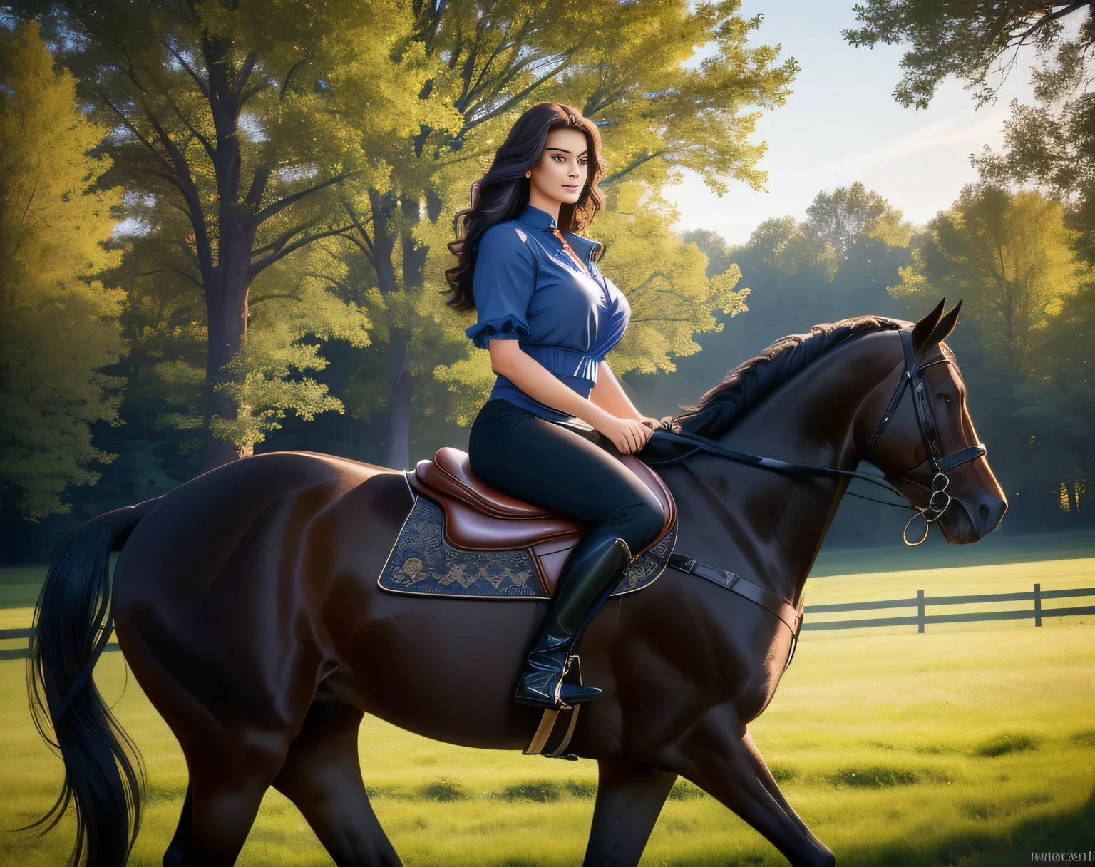 woman sitting on a horse in a field with trees in the background, riding a horse, on horseback, riding a horse, riding a horse, 👰 🏇 ❌ 🍃, with horse led, having fun, riding a prancing horse, profile picture, riding a black horse, shapely woman, adult woman, detailed body, beautiful face, full body, full photo, tanned supermodel, beautiful eyes, perfect face, medium breasts, 39 year old woman, big hips, HDR, well lit, photoreal , detailed hands, realistic hands, 5 fingers per hand, solo, dark hair, gray blouse with blue collars, black shorts, Full body photo, clear and high quality photo. Beautiful woman, extremely sexy, very sensual. Masterpiece: 1.3, high resolution, (photographically realistic), 8k, NUDE, NUDITY, NFSW