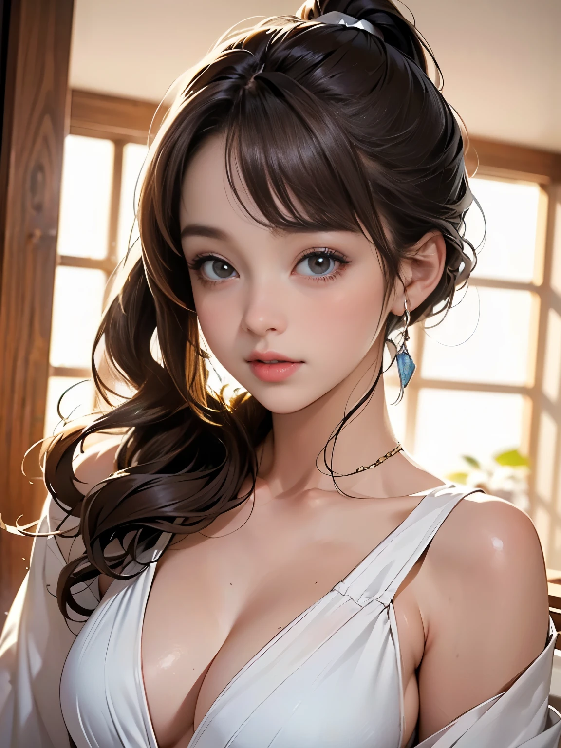 ((((highest quality))))、(((Ultra-precision CG16K wallpaper)))、(((masterpiece)))、(((Super detailed)))、(((Extreme detail)))、((１Mature 32 year old woman:1.8))、((Very beautiful Japanese faces))、((Shiraishi Mai:1.5))、((Soft Wave Ponytail Long Hair、blunt bangs:1.5))、(Shiny brown hair)、Beautiful delicate eyes、eyeliner、eye shadow、Brown eyes、High nose、Small nostrils、Small Mouth、Seductive lips、Beautiful breasts、((C cup size breasts))、Cleavage、Voluptuous body、Perfect proportions、Perfect Anatomy、Perfect composition、Beautiful detailed shading、Beautiful, natural lighting、Beautiful detail glow、Depth of written boundary、(((High chroma)))、(((Real:1.9)))、((vivid:1.5))、((Beautiful Skin))、((Skin Texture))、((Realな皮膚感))、(((Full Shot:1.6)))、((View from the ceiling、Bird's-eye view:1.8))、((Surprised face with mouth open:1.6))、(blush:1.5)、Bright daylight、Natural light、(((lying on your back on the bed:1.8)))、(Lying pose:1.5)、(((Light grey virgin killer sweater:1.6)))、((Earrings、Wearing a necklace:1.3))、