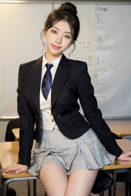8k RAW photo, High resolution, A cool 21 year old Korean, Big round breasts, , tie, tie ribbon, blazer, skirt, Beautiful eyes in every detail, Long eyelashes, Beautiful double eyelids, eye shadow, Long, narrow eyes, Three white eyes, Heavy eye makeup, Wicked Smile, Beautiful slim legs, Short hair tied back, Earrings, School classroom