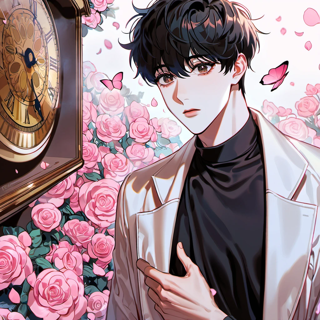 absurdres, highres, ultra detailed, HDR, masterpiece, delicate features, beautiful eyes, detailed eyes, Kim Dokja, omniscient reader's viewpoint, solo, man, handsome, expressive brown eyes, black hair, white coat, touching his chest, black shirt, pink flowers, pink petals, pink butterflies, clock