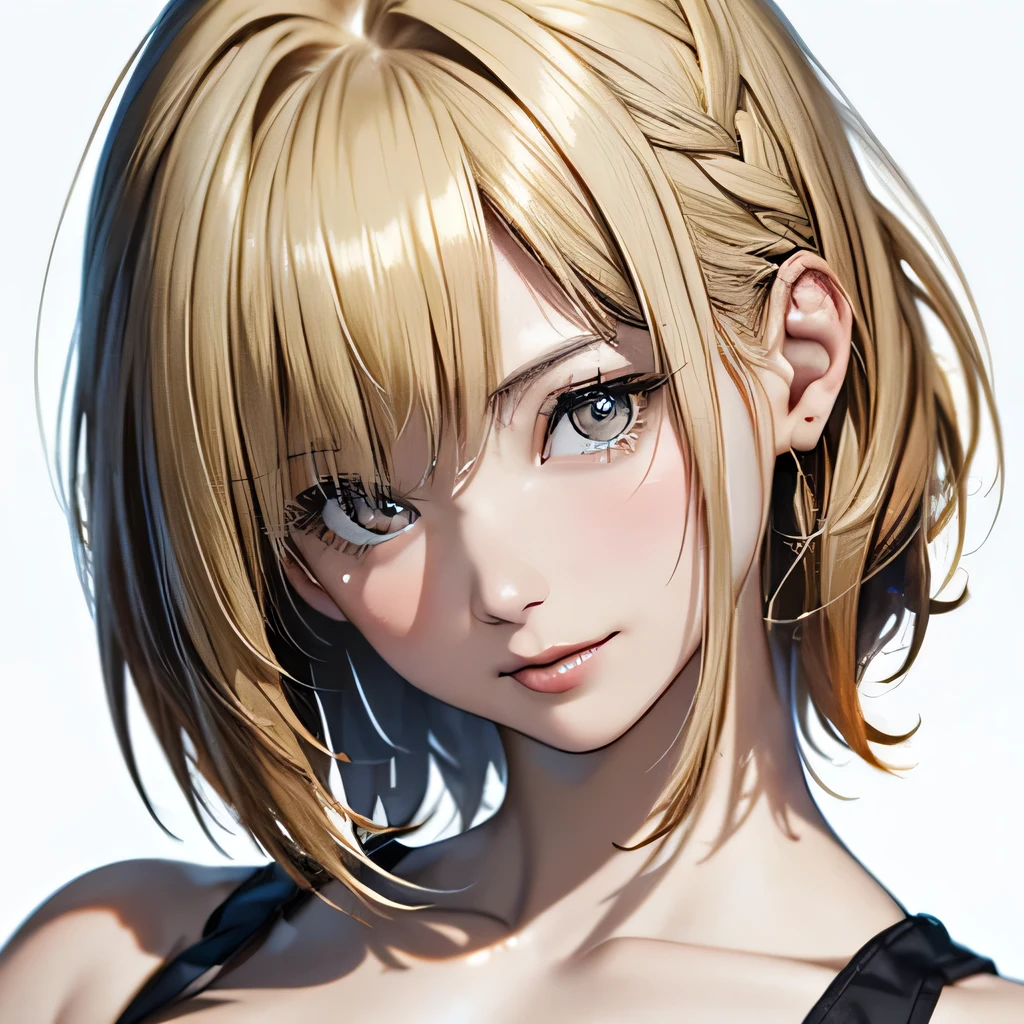 (Best Quality, 8K, Oil Painting, masutepiece:1.2), Ultra-detailed, (Realistic, Photorealistic:1.37)、(((Bright blonde hair)))、Vibrant colors, (((Sexy look)))、(((White and black tube top bra)))、(((Gingham plaid tube top bra)))、(((２０Women of a certain age)))、 (((a blond)))、(((Shoulder-length bob hair)))、(((White background)))、(((Girly Hairstyles)))、(((bobhair)))、(((Erotic face)))、(((Nothing on the top of the head))), lipgloss, hazel eyes, flirty, cheeky