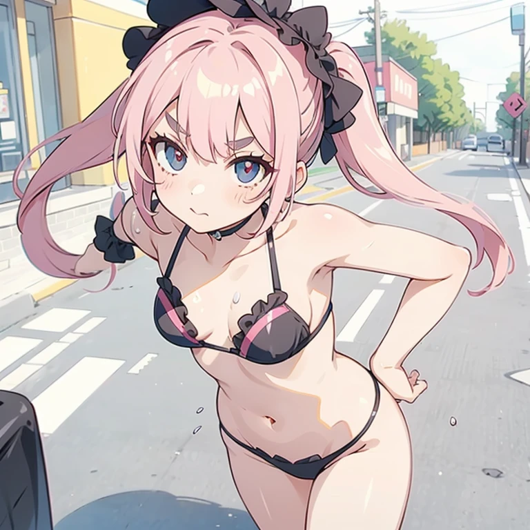 Girl with pink hair, long twintail hairstyle, small bushy eyebrows, wearing gothic lolita swimsuit, lolicon (Zankuro) drawing style by zankuro artist, Zancro style, image uploaded in R34,  bikini panties  wet with semen in a a street
