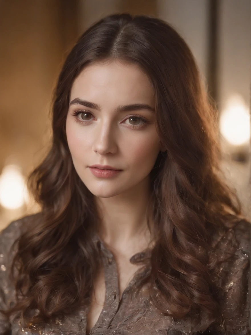 As the camera pans around the classroom, the magical bokeh of the lights creates a dreamlike atmosphere. In the center of the room is a nerdy goddess with long wavy brown hair., boca grande, full lips and brown eyes. She wears a shirt with a generous neckline, drawing attention to her large breasts., adding a touch of mystery to its already intriguing presence. The toxic punk runes on your skin seem to come to life, its intricate details adding to the overall cinematic feel of the scene.