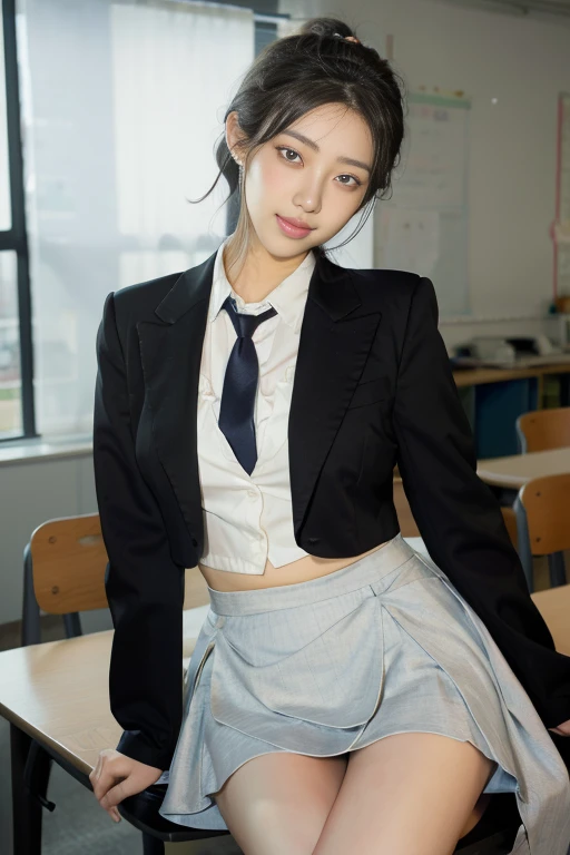 8k RAW photo, High resolution, A cool 21 year old Korean, Big round breasts, , tie, tie ribbon, blazer, skirt, Beautiful eyes in every detail, Long eyelashes, Beautiful double eyelids, eye shadow, Long, narrow eyes, Three white eyes, Heavy eye makeup, Wicked Smile, Beautiful slim legs, Short hair tied back, Earrings, School classroom
