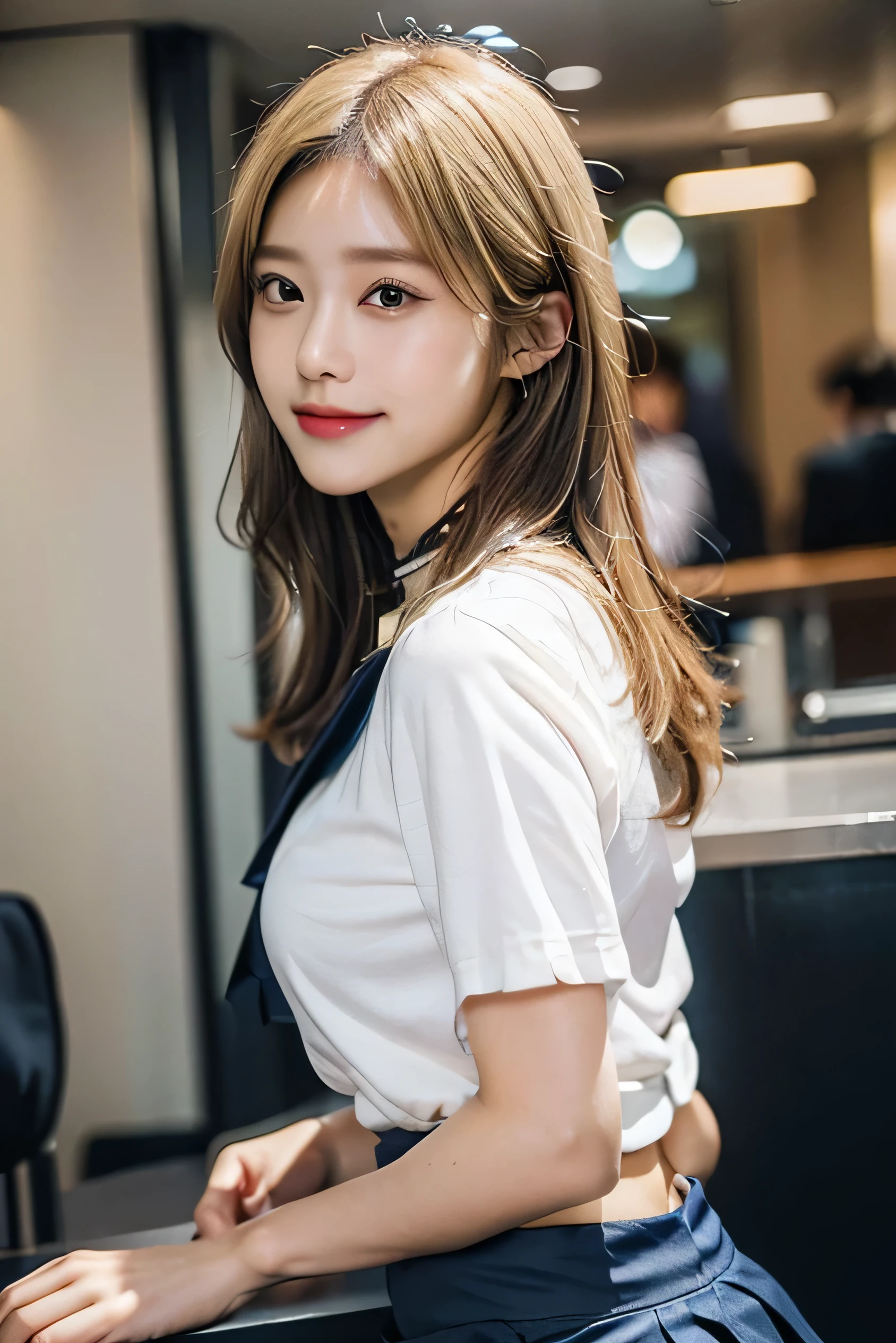 (Photorealistic:1.8, highest quality:1.8,8K masterpiece:1.8,High resolution,Mastepiece:1.8,RAW Photos,Cinematic lighting),No split screen、 morning、Cafe、
(1 female secretary:1.5)、(Soryu Asuka Langley)、Shooting from behind、
(choker、White Shirt、Beautiful ass、Beautiful thighs)、back of head、Please do not look、(Close-up of buttocks in skirt:1.5)、(Navy blue long pleated mini skirt:1.3)、 (Skirt flips up:1.2)、
(beautiful shining blonde hair:1.5)、Fine Lines、Smiling happily