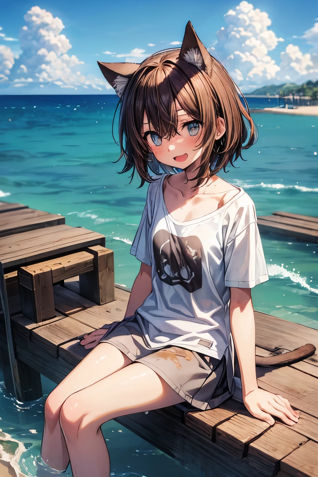 ((Masterpiece)), ((best quality)), (Anime:1.3), (RAW photo:1.2),(High Definition:1.3), (Professional Photography:1.5), ((12 years old)), portrait, (morning), Very messy medium hair, ((ragged loose T-shirts)), (slightly exposed small breast), Beautiful collarbone, Slender body, (sit on the jetty), Sweaty skin, (Laughing), open mouth, Textured skin, Cat ears, Pale brown hair, Cute Beautiful Girl, BREAK, ((best quality)), outdoor, (on the rusty and dirty Collapsed jetty), (View of the sea and slums),AddXL