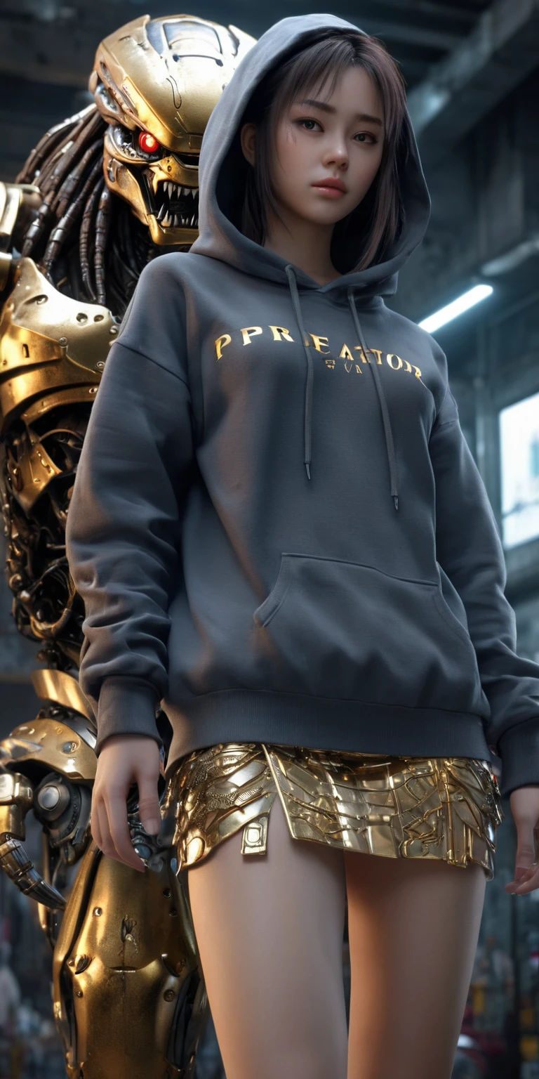 masterpiece, top, very realistic, highly detailed, original photo, Boutique, best quality, Gold jewelry, (foot slip), Fairy skin, (Fidelity :1.2), Standing, Super Detail, realistic, High quality, Film Light, Ray tracing , Ultra HD, Upper body
Girl wearing a miniskirt and Hoodie standing next to a giant robot that looks like ((predator)), Guweiz style artwork, CyberPunk mechanics, Trending on CGSTATION, Guweiz, Russell Dongjun Lu, digital cyberpunk anime art, Ross Tran 8 K, Guweiz on ArtStation Pixiv , Girl in mecha network armor. 32K ultraHD resolution, HDR, 800mm lens, realistic, hyperrealistic, photography, professional photography, immersive photography, ultra HD, ultra high quality, best quality, HDR photo, focus photo, original photo, ultra sharp, nature photo, masterpiece, award winning , taken with Hasselblad x2d.