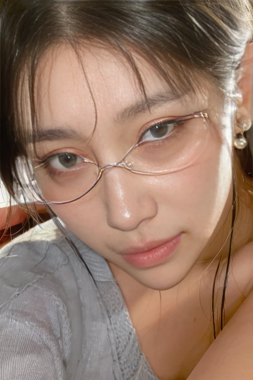 8k RAW photo, High resolution, A cool 21 year old Korean, Big round breasts, , tie, tie ribbon, blazer, skirt, Beautiful eyes in every detail, Long eyelashes, Beautiful double eyelids, eye shadow, Long, narrow eyes, Three white eyes, Heavy eye makeup, Wicked Smile, Beautiful slim legs, Short hair tied back, Earrings, School classroom,((((Close-up of face)))),(((She has very fair skin:1.4)))