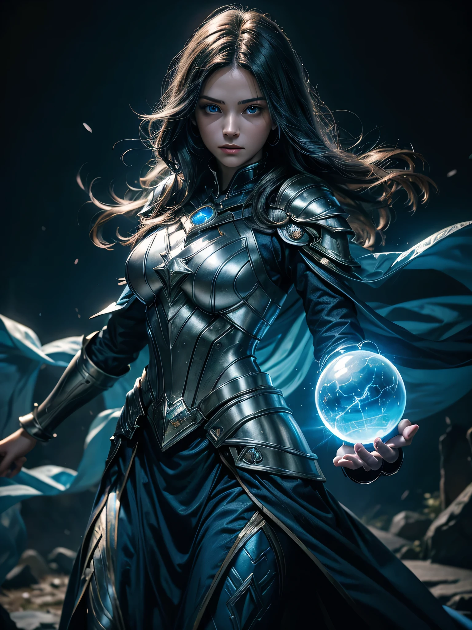 cinematic film still, a mage woman, 20 years old, holding a magic lightning glass orb, glass mage armor, flashlights, glowing blue eyes, (Highest Quality, 4k, masterpiece, Amazing Details:1.1), film grain, Fujifilm XT3, photography