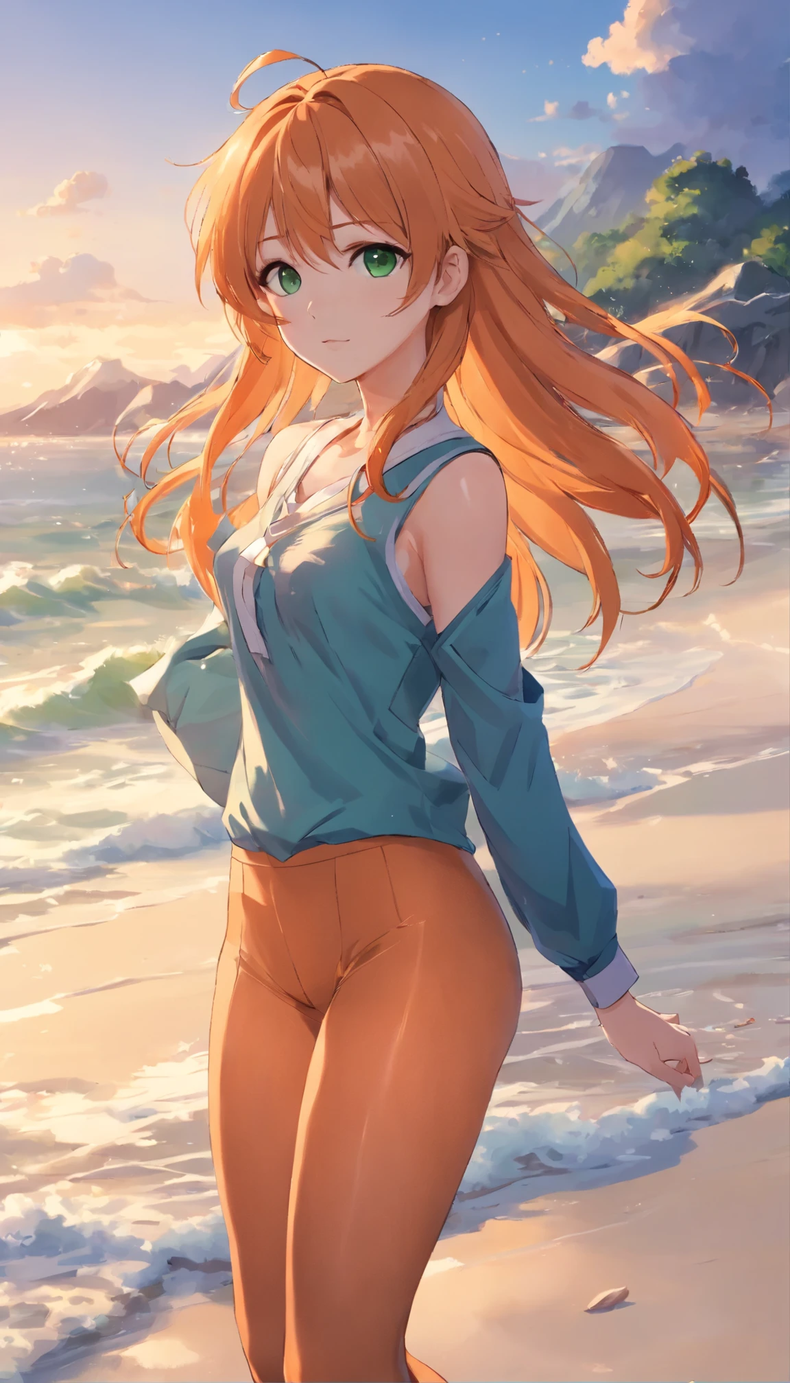 Anime girl with long orange hair, standing on the beach near the ocean, green eyes detailed digital anime art, cat ear, anime girl with long hair, гладкое аниме cg art, anime girl with long hair, digital anime art, work in Guweiz style, Beautiful anime portrait, Photorealistic render of an anime girl, pantyhose, Beautiful anime girl, advanced digital anime art, guweiz на artstation pixiv HD UHD HQ
