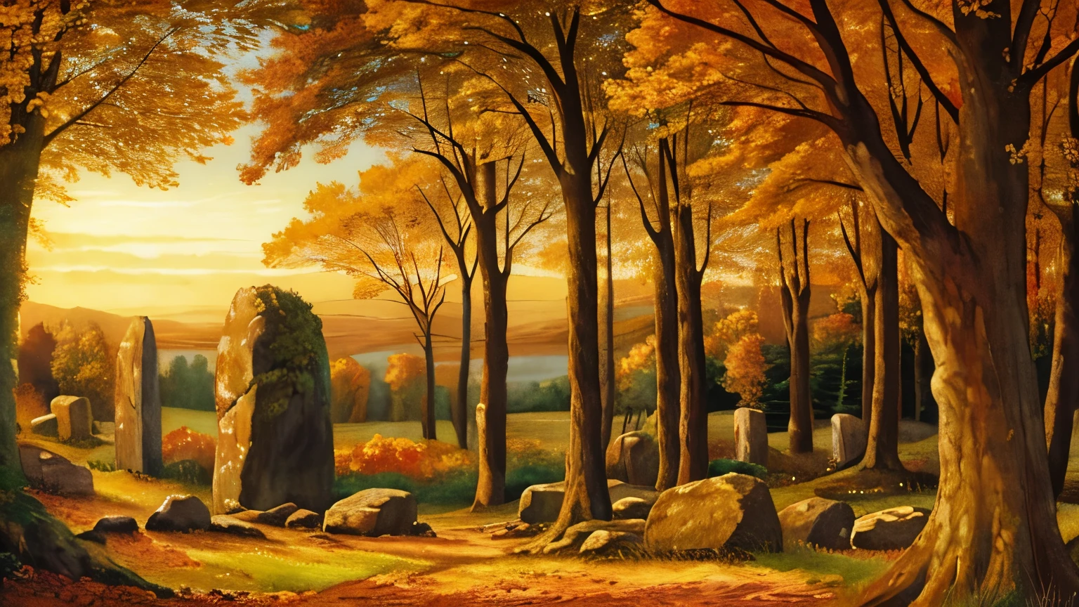 Pre-Raphaelite painting of an Irish Celtic landscape of an autumnal woodland, sunset, floresta encantada, tons de dourado, circle of druid stones
