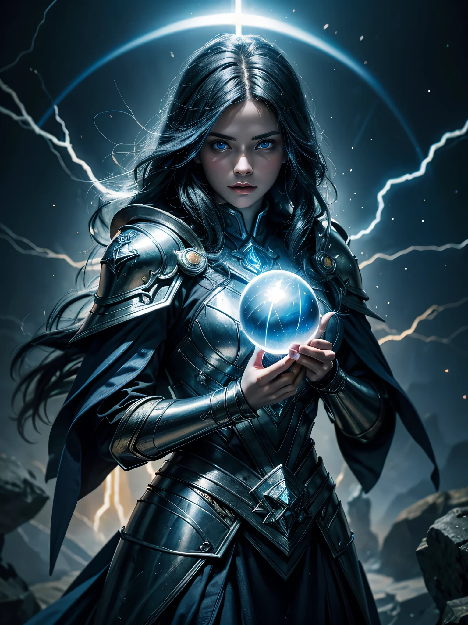 cinematic film still, a mage woman, 20 years old, holding a magic lightning glass orb, glass mage armor, flashlights, blue eyes, (Highest Quality, 4k, masterpiece, Amazing Details:1.1), film grain, Fujifilm XT3, photography
