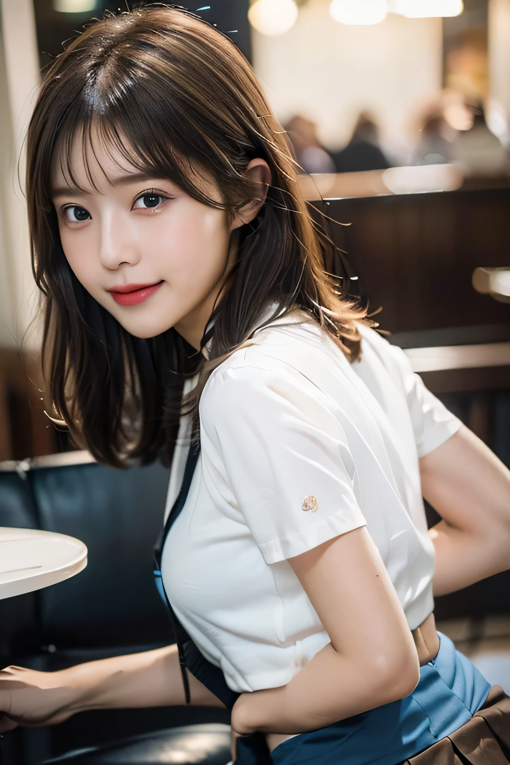 (Photorealistic:1.8, highest quality:1.8,8K masterpiece:1.8,High resolution,Mastepiece:1.8,RAW Photos,Cinematic lighting),No split screen、 morning、Cafe、
(A female clerk carrying coffee:1.5)、(Soryu Asuka Langley)、Shot from the back down、
(choker、OL uniform、Beautiful ass、Beautiful thighs)、(Close-up of buttocks in mini skirt:1.5)、(Mini Pleated Skirt:1.3)、 (Skirt flips up:1.6)、
(Beautiful shiny blue-brown white-blonde hair:1.5)、Fine Lines、Smiling happily
