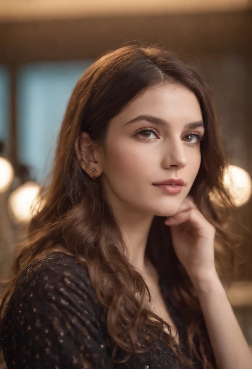 As the camera pans around the classroom, the magical bokeh of the lights creates a dreamlike atmosphere. In the center of the room is a nerdy goddess with long wavy brown hair., boca grande, full lips and brown eyes. She wears a shirt with a generous neckline, drawing attention to her large breasts., adding a touch of mystery to its already intriguing presence. The toxic punk runes on your skin seem to come to life, its intricate details adding to the overall cinematic feel of the scene.