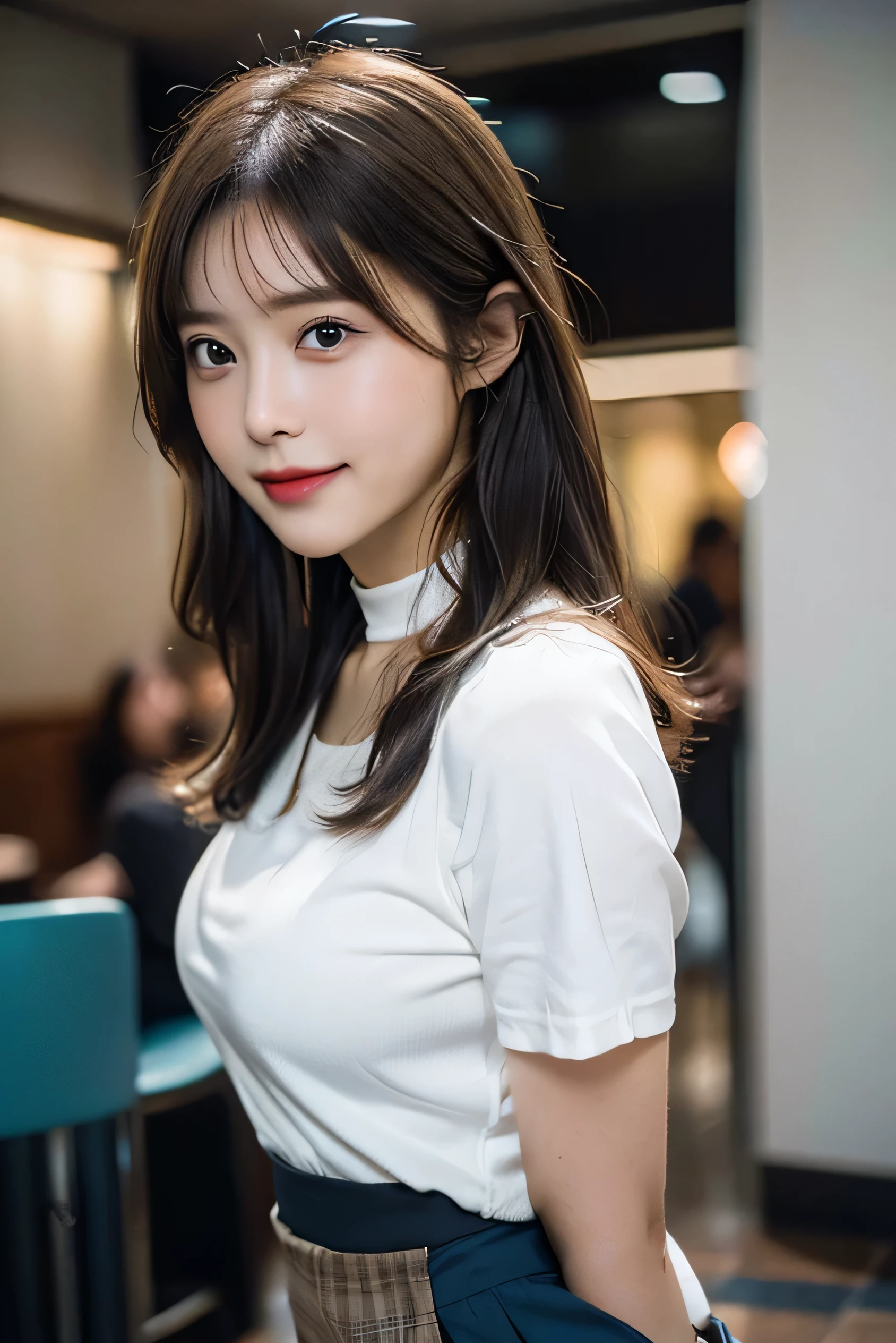 (Photorealistic:1.8, highest quality:1.8,8K masterpiece:1.8,High resolution,Mastepiece:1.8,RAW Photos,Cinematic lighting),No split screen、 morning、Cafe、
（A female clerk carrying coffee:1.5)、(Soryu Asuka Langley)、Shot from the back down、
（choker、OL uniform、Beautiful ass、Beautiful thighs）、(Close-up of buttocks in mini skirt:1.5)、(black mini pleated skirt:1.3)、 (Skirt flips up:1.6)、
(Beautiful shiny blue-brown white-blonde hair:1.5)、Fine Lines、Smiling happily