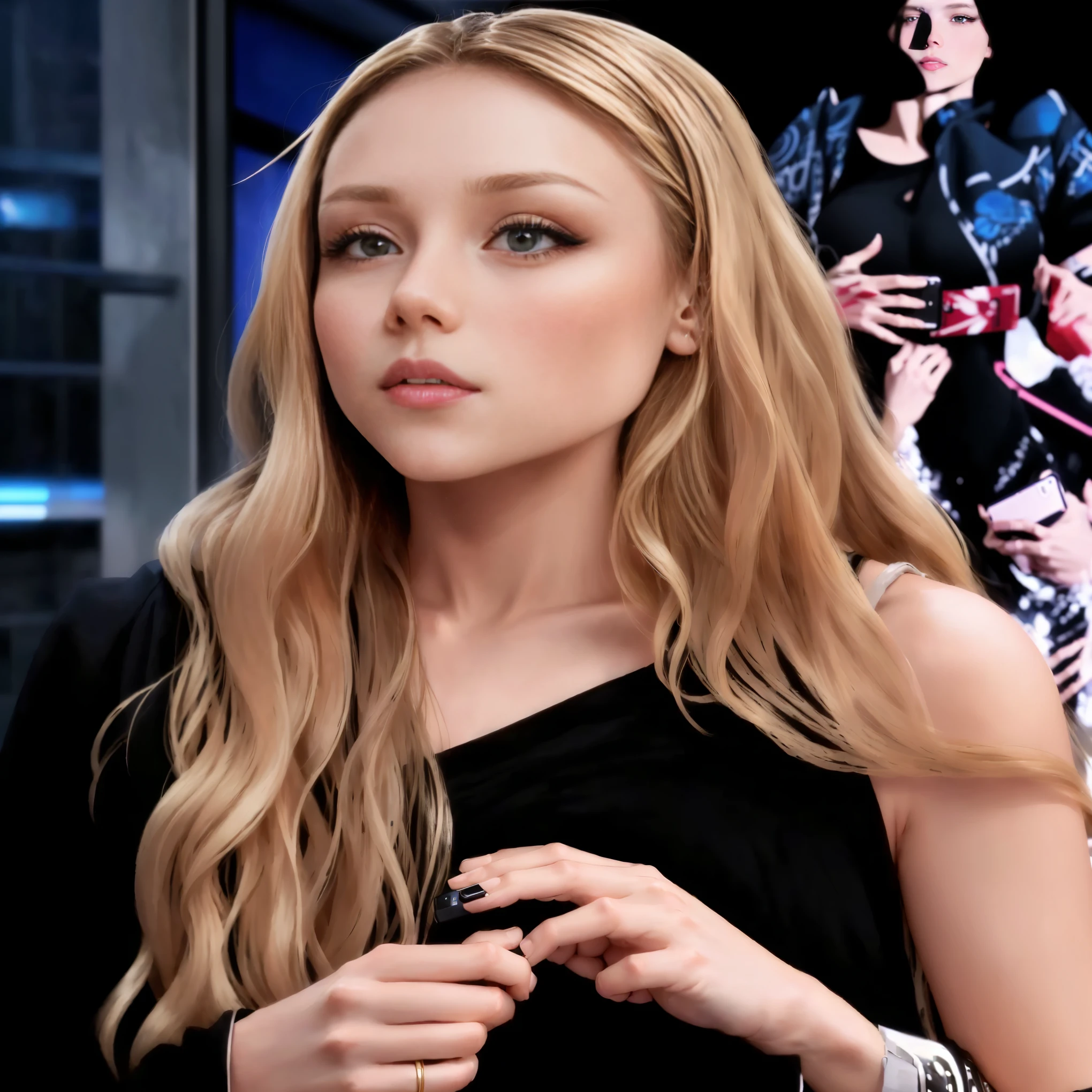 a women, blonde woman with long hair and black dress holding a mobile phone, Ester Exposito, Sydney Sweeney, In der Show Westworld, Lindsey-Look, devon cady lee, Elizabeth Olsen, ((oversaturated)), Corinne Tag, but a stern look over them, Gesicht wie Ester Exposito, olya bossak, Scarlett Heads, she has a surprised expression on her face