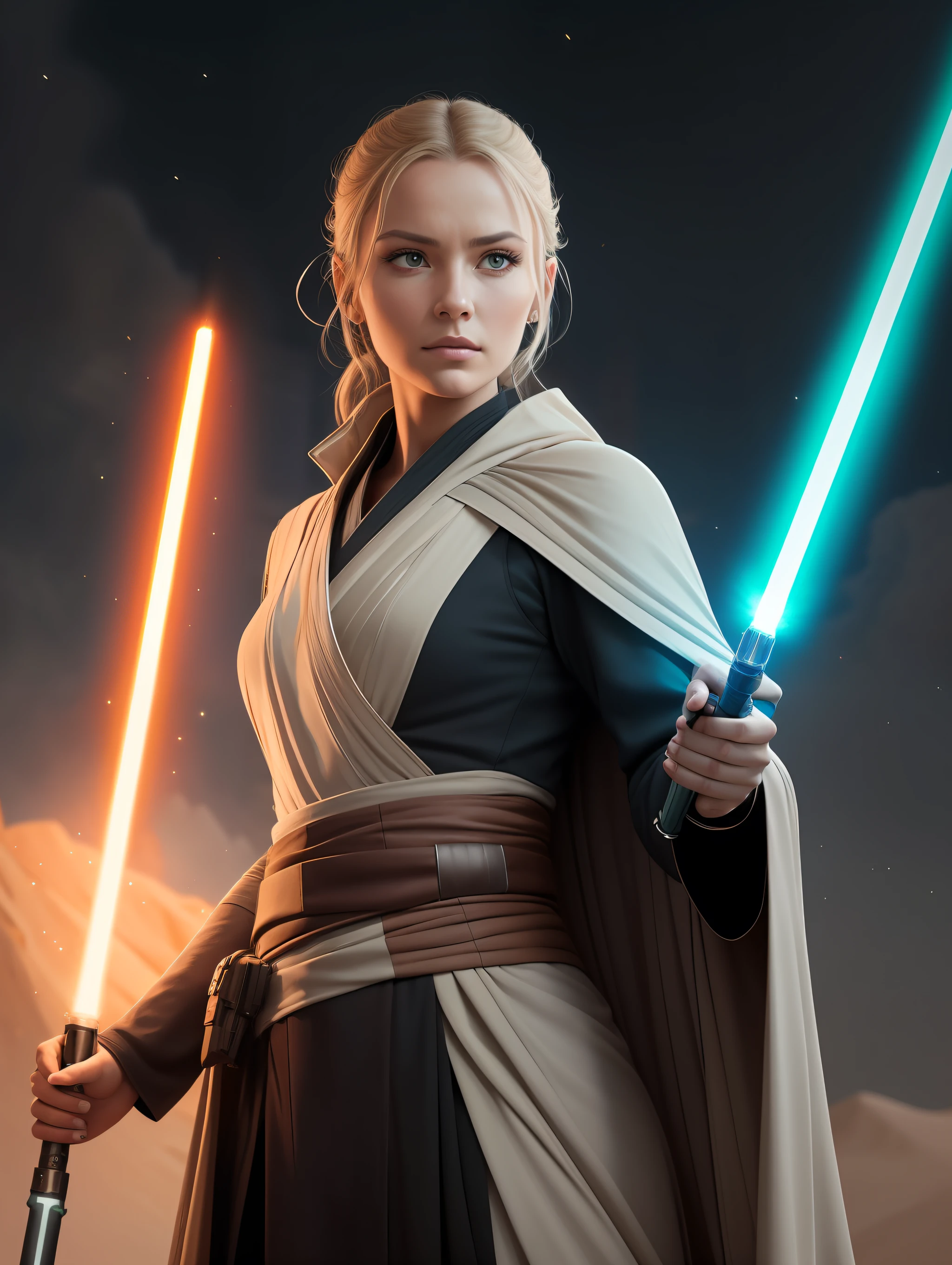 (8k, high resolution, cinematic), Bring to life a captivating digital portrait of a stunning 27-year-old woman with flowing blonde hair, vestido com uma roupa Jedi meticulosamente trabalhada com o tema Star Wars. A woman must exude an air of grace and strength, embodying the spirit of a Jedi warrior. Your eyes should exude a sense of determination and wisdom, reflecting the trials he faced. O traje Jedi deve ser intrinsecamente desenhado, with earthy tones and flowing robes that flutter in an imaginary breeze, evoking a feeling of elegance and practicality. A woman's posture should exude confidence, with one hand resting on a lightsaber hanging from his belt, insinuando sua habilidade em combate. Deixe o fundo complementar a aura dos Jedi, seja uma paisagem natural serena ou uma cena que retrate um sistema estelar distante. The artwork must capture the essence of this remarkable woman, inviting viewers to imagine her story and the adventures she embarks on in a distant galaxy, distante