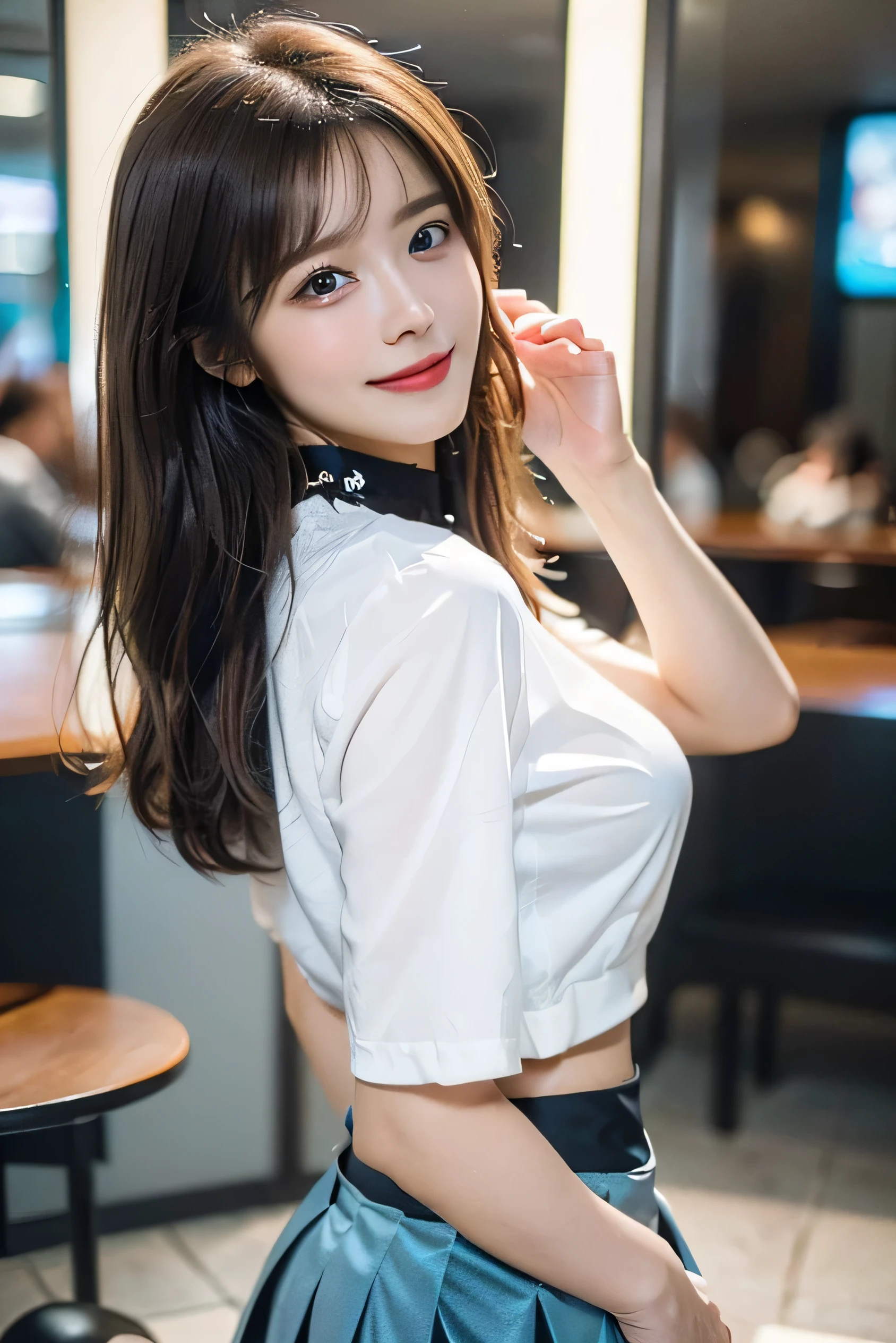 (Photorealistic:1.8, highest quality:1.8,8K masterpiece:1.8,High resolution,Mastepiece:1.8,RAW Photos,Cinematic lighting),No split screen、 morning、Cafe、
(A female clerk carrying coffee:1.5)、(Soryu Asuka Langley)、Shot from the back down、
(choker、OL uniform、Beautiful ass、Beautiful thighs)、(Close-up of buttocks in mini skirt:1.5)、(black mini pleated skirt:1.3)、 (Skirt flips up:1.6)、
(Beautiful shiny blue-brown white-blonde hair:1.5)、Fine Lines、Smiling happily