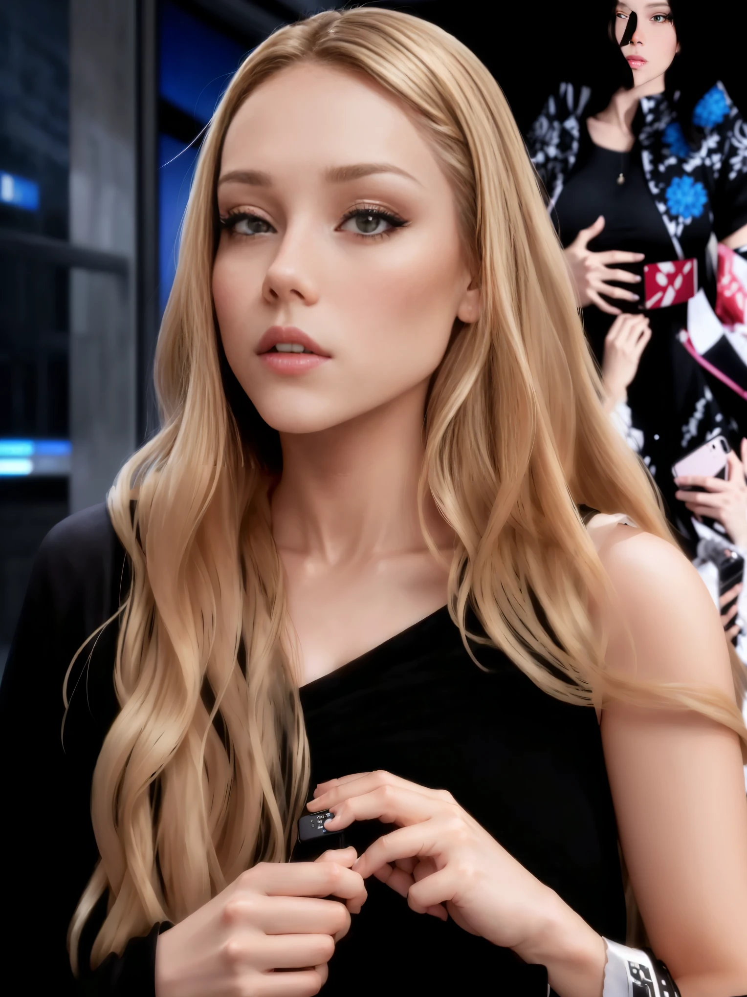 a women, blonde woman with long hair and black dress holding a mobile phone, Ester Exposito, Sydney Sweeney, In der Show Westworld, Lindsey-Look, devon cady lee, Elizabeth Olsen, ((oversaturated)), Corinne Tag, but a stern look over them, Gesicht wie Ester Exposito, olya bossak, Scarlett Heads, she has a surprised expression on her face