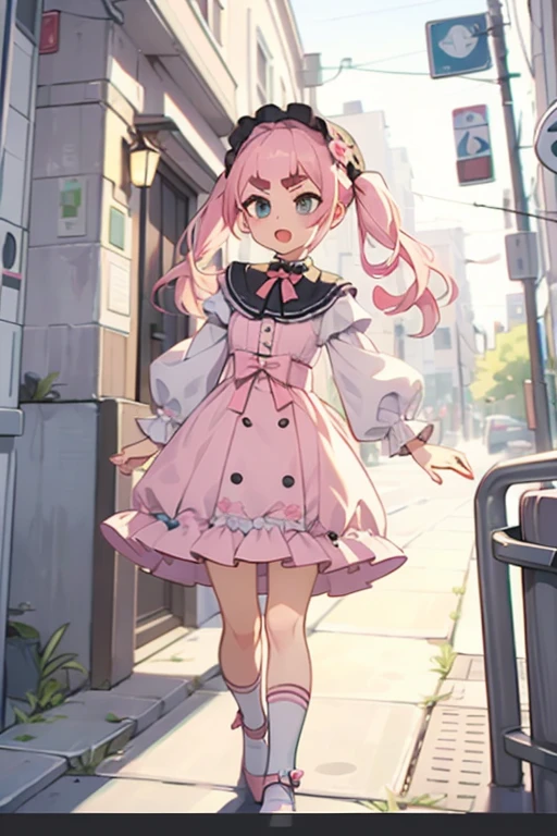 walking down the street and looking at an alley in the distance.
  a girl with pink hair, long double-tailed hairstyle ((small pink bushy eyebrows)), dressed in lolita clothing, marked vagina, lolicon (Zankuro) drawing style by zankuro artist, Zancro style, image uploaded to R34, sucking penis in an alley, deep throat, cum bubbling out of her mouth,