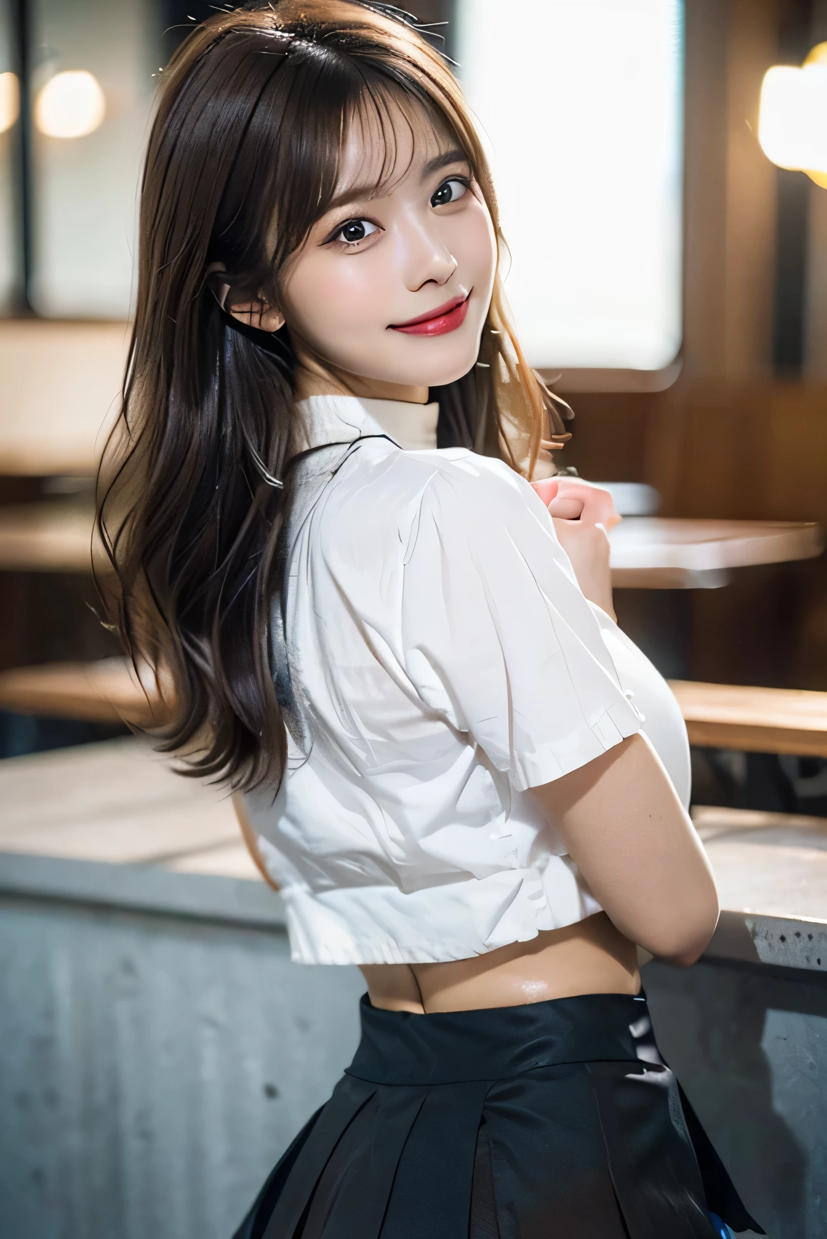 (Photorealistic:1.8, highest quality:1.8,8K masterpiece:1.8,High resolution,Mastepiece:1.8,RAW Photos,Cinematic lighting),No split screen、 morning、Cafe、 (A female clerk carrying coffee:1.5)、(Soryu Asuka Langley)、Shot from the back down、 (choker、OL uniform、Beautiful ass、Beautiful thighs)、(Close-up of buttocks in mini skirt:1.5)、(black mini pleated skirt:1.3)、 (Skirt flips up:1.6)、 (Beautiful shiny blue-brown white-blonde hair:1.5)、Fine Lines、Smiling happily