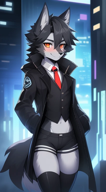 Best quality, super detailed illustration, (furry wolf boy:1.4), (matte black fur color:1.4), feminine face and body, disheveled thick hair, cyberpunk clothes, dressed in a coat, tie ,short shorts, Tight stockings, shy smile, Femboy, small waist, wide hips, slim, perfect body, long demon tail