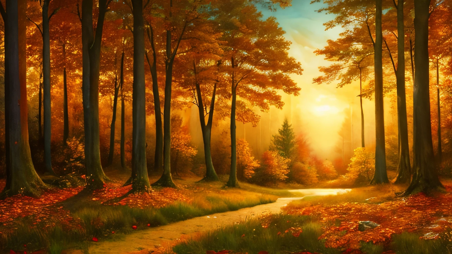 (best quality,4k,8k,highres,masterpiece:1.2),ultra-detailed,(realistic,photorealistic,photo-realistic:1.37),pre-Raphaelite painting,celtic Irish landscape,autumnal forest,sunset,enchanting forest,golden tones,fairies