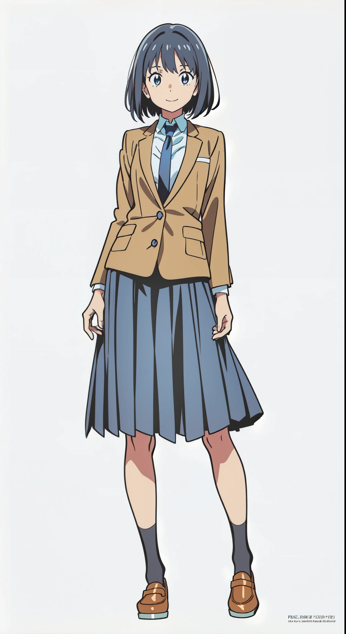 (tareme:1.5), (cheerful:1.5), (white background:1.0), (best quality:1.0), (masterpiece:1.0), (super fine illustration:1.0), (beautiful artwork:1.0), (anime screencap:1.0), (official art:1.0), (full body:1.0), (solo:1.0), (HSGA:1.0), (a 18yo cute girl:1.0), (long skirt:1.0), (dark blue skirt:1.0), (pleated skirt:1.0), (school uniform beige blazer:1.0), (dark blue necktie:1.0), (loafers:1.0), (black socks:1.0), (ideal ratio body proportions:1.0), (lanky:1.0), (tall:1.0), (slender:1.0), (small breasts:1.0), (smaller face:1.0), (tareme:1.0), (detailed beautiful eyes:1.0), (detailed beautiful face:1.0), (glowing black eyes:1.0), (bob cut hair:1.0), (black hair:1.0), (standing:1.0), (looking at viewer:1.0)