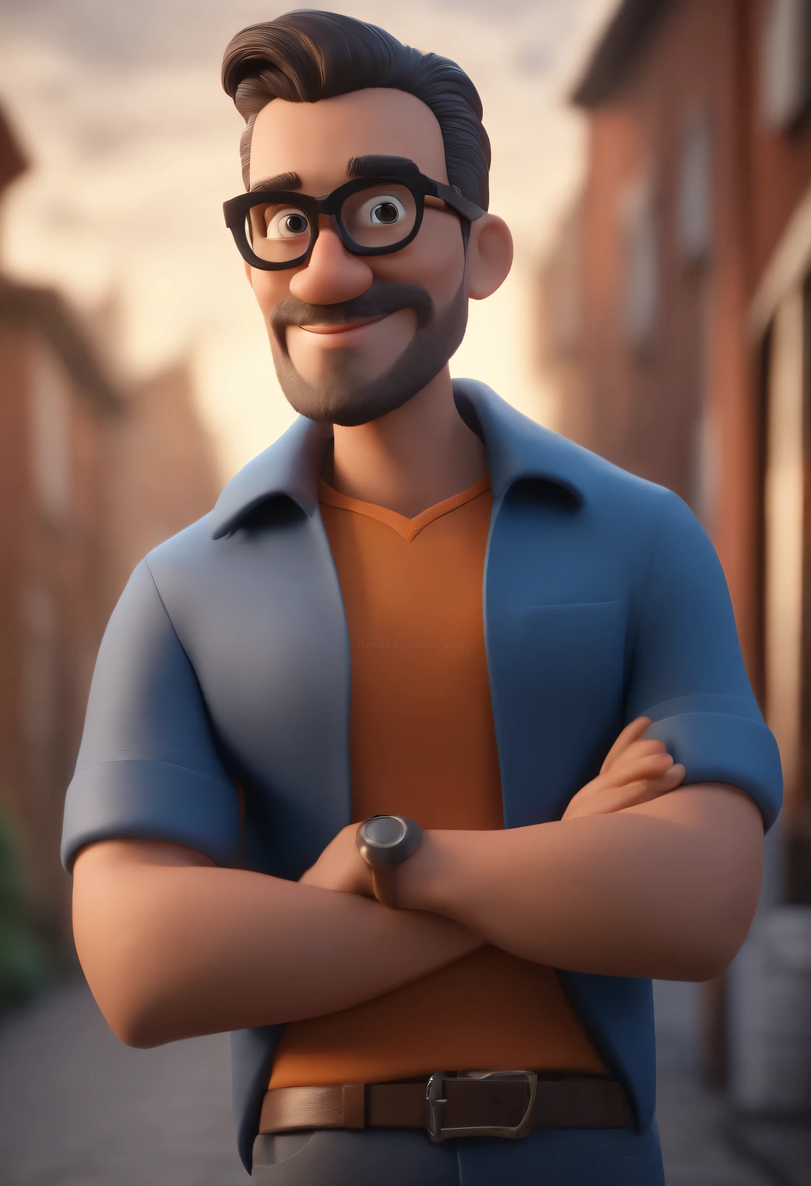 Cartoon character of a man with black glasses and a blue shirt, animation character, Caractere estilizado, animation style rendering, 3D estilizado, Arnold Maya render, 3 d render stylized, toon render keyshot, Personagem 3D, Personagem 3D, 3d rendering stylized, 3 d character render, personagem de desenho animado, Personagem de close up, Pose de personagem, (Estilo Pixar) (master part:1.2) (Bokeh) (best quality) (pele detalhada) (textura detalhada) (8k) (argila) (Cinematic lighting) (sharp focus