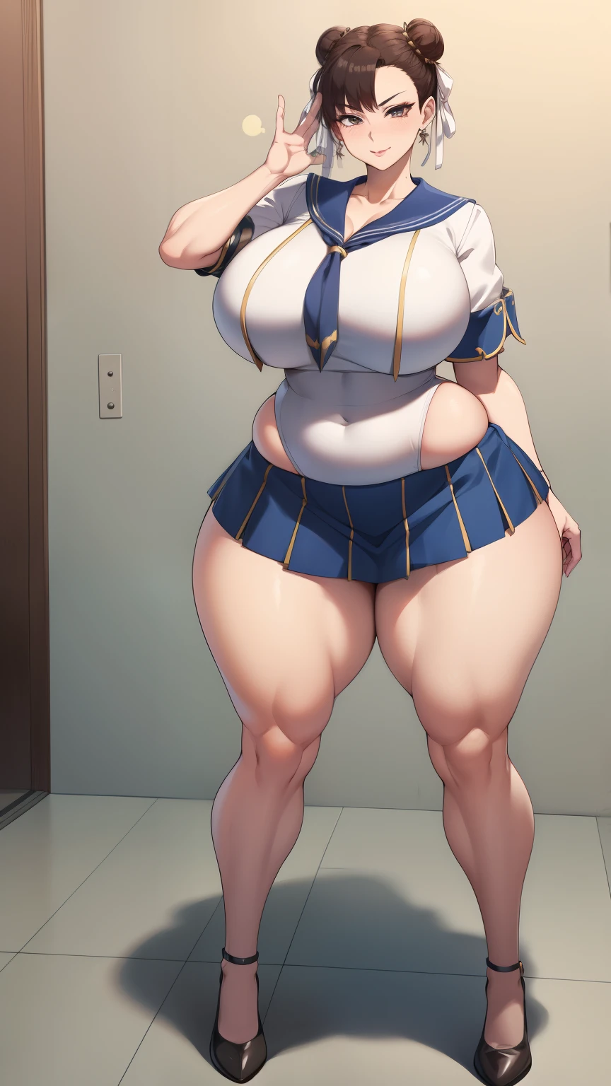 Large Breasts, Big Hips,Full Body Shot, Mature mother, Whipping the lower body, plump thighs, Ample calves, Seductive mature woman, Perfect body, Plus Size Model,high school girl,Sailor suit, The skirt is short,Mature woman wearing Sailor suit,Chunli